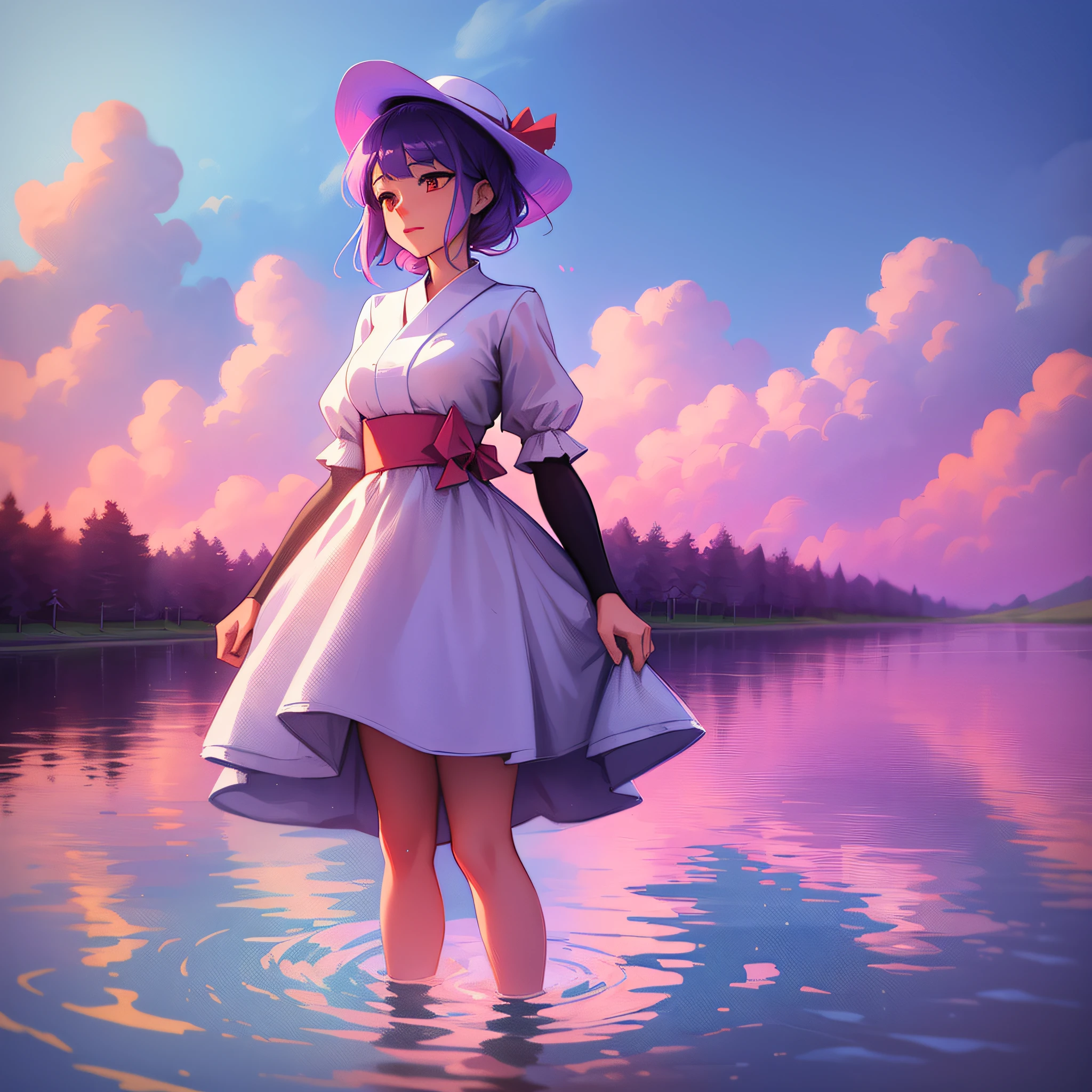 2D a lady is standing near the water in a
white dress, in the style of anime inspired, tonalist color scheme, glowing colors, light red and purple, vibrant illustrations, aurorapunk, reflections --ar 3:4 --niii 5 --auto --s2