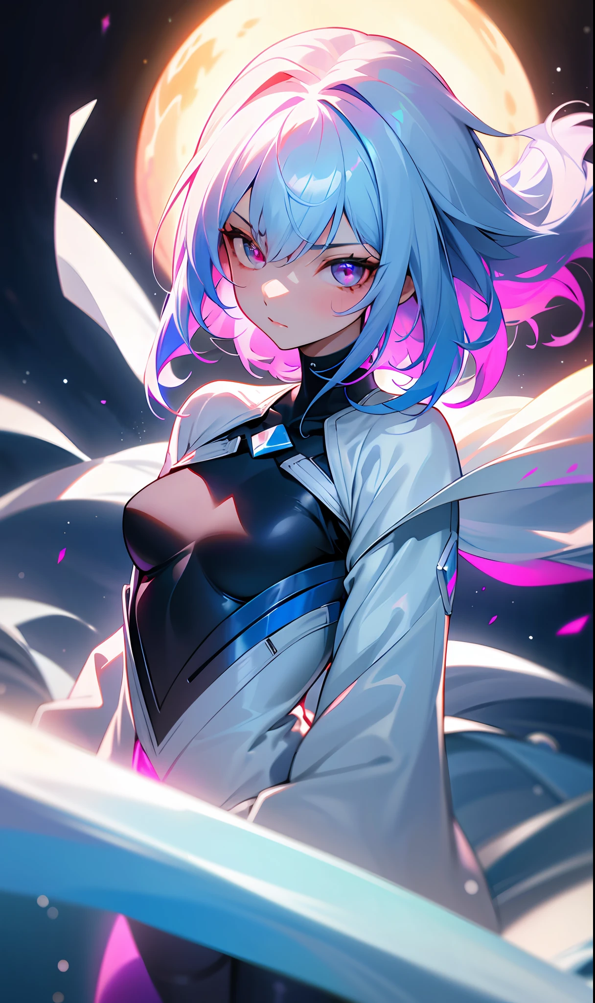 (Fine, sharp images, super resolution, extremely amazing detail, awesome detail), subsurface scattering, masterpiece, best quality, high quality, anatomically correct, textured skin, super detail, high detail, high quality, high quality, award-winning, best quality, high resolution, 1girl, solo, bust, straight eye, prism eye, prism hair, prism, serious, [silver|white] + (blue: -0.3) hair, blue + red eyes, gradient eyes, multicolored eyes, calm, small breasts, Short jacket, glowing eyes, glowing white grain, glitter, bloom, fantasy, cave