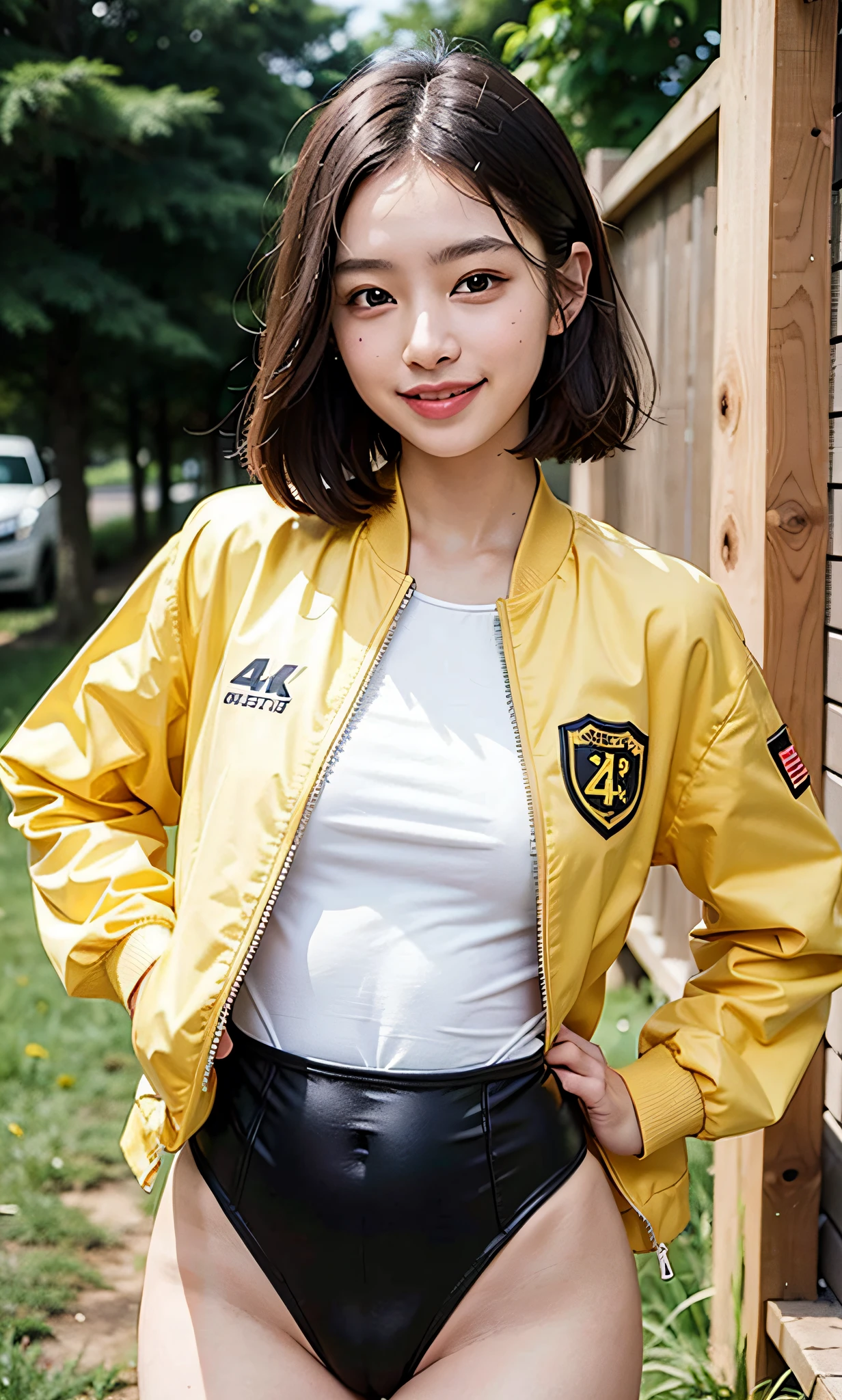 high quality, best quality,4k, 8k, photorealistic, 3girls,race_queen, leotard, smile, looking at viewer, jacket