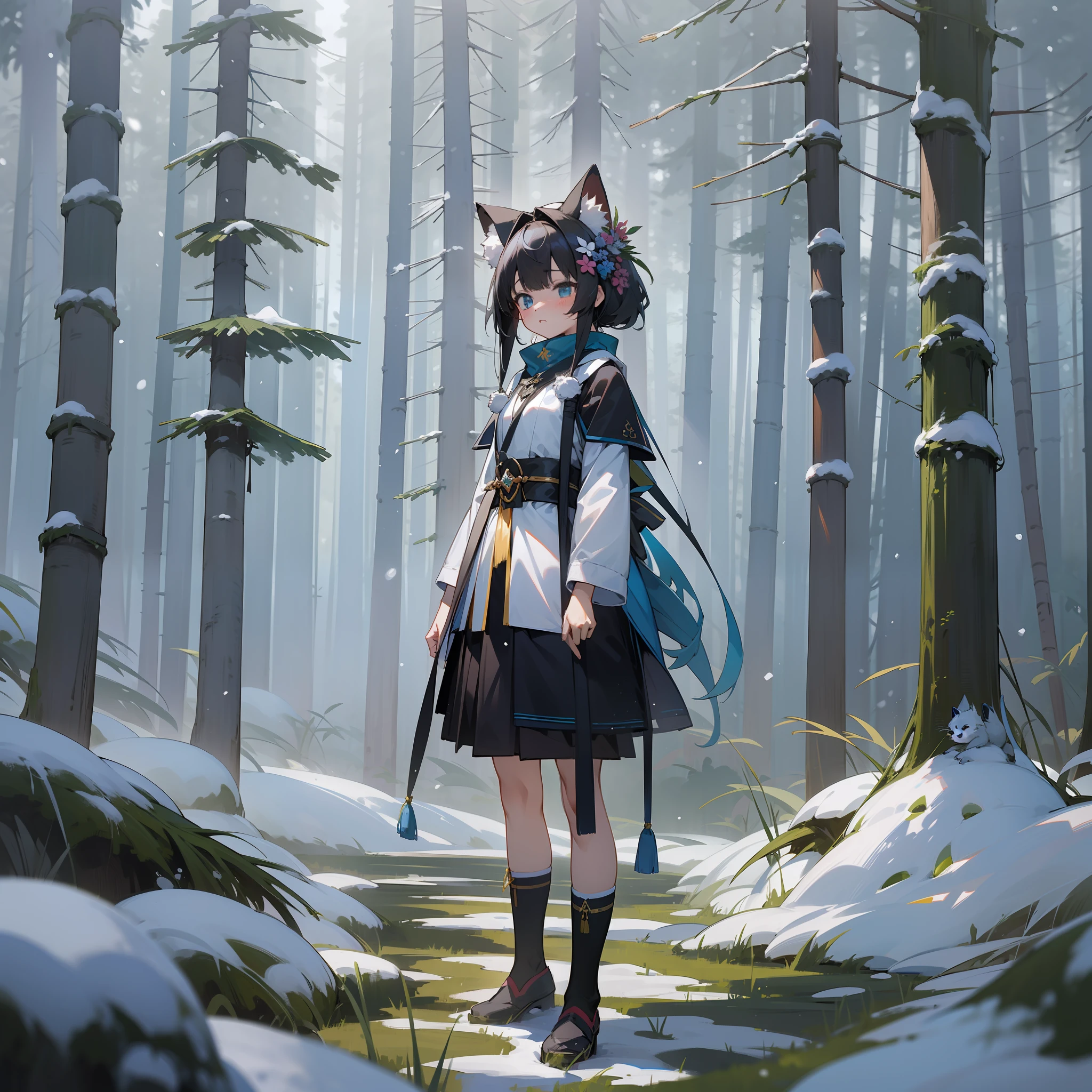 1girl, shy, (masterpiece), 4k, 8k, highres, high resolution, beautiful, anime, amazing, girl, detailed, standing in snowing forest, origen,, 白色连裤袜, 狐狸尾ps 型号: Anything-V3.0
