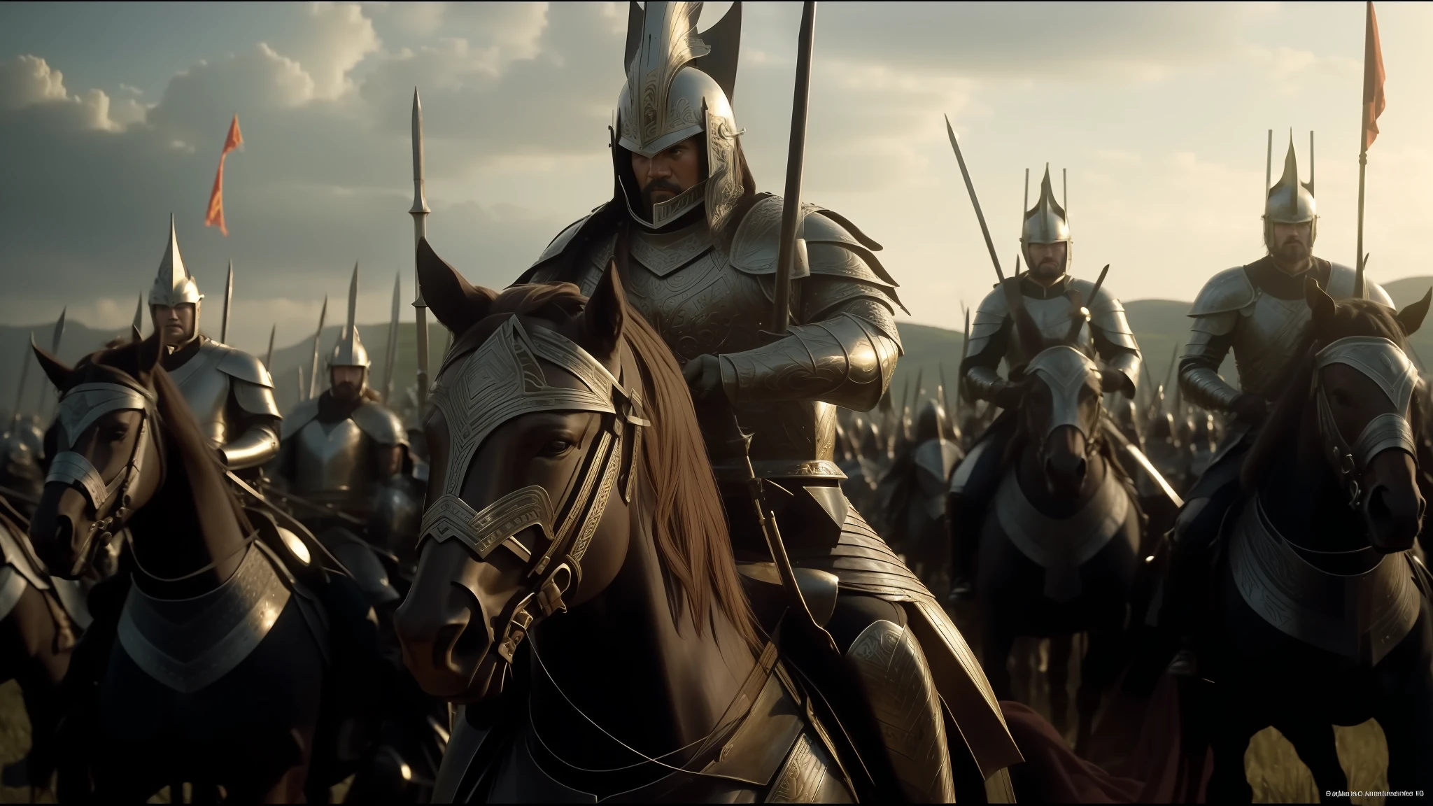 there are many men in armor riding in a field, in the screenshot of the movie 300, jingna zhang, the concept of hobbit, large crown helmet, inspired by Sardar Sobha Singh, anamorphic flames, promotional image of nvidia, lamellar armor, screenshot of the movie