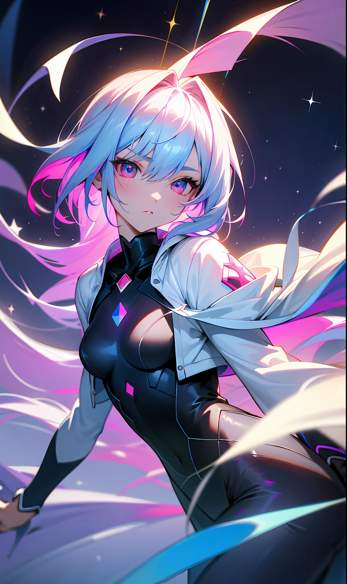 (Fine, sharp images, super resolution, extremely amazing detail, awesome detail), subsurface scattering, masterpiece, best quality, high quality, anatomically correct, textured skin, super detail, high detail, high quality, high quality, award-winning, best quality, high resolution, 1girl, solo, bust, straight eye, prism eye, prism hair, prism, serious, [silver|white] + (blue: -0.3) hair, blue + red eyes, gradient eyes, multicolored eyes, calm, small breasts, Short jacket, glowing eyes, glowing white grain, glitter, bloom, fantasy, cave
