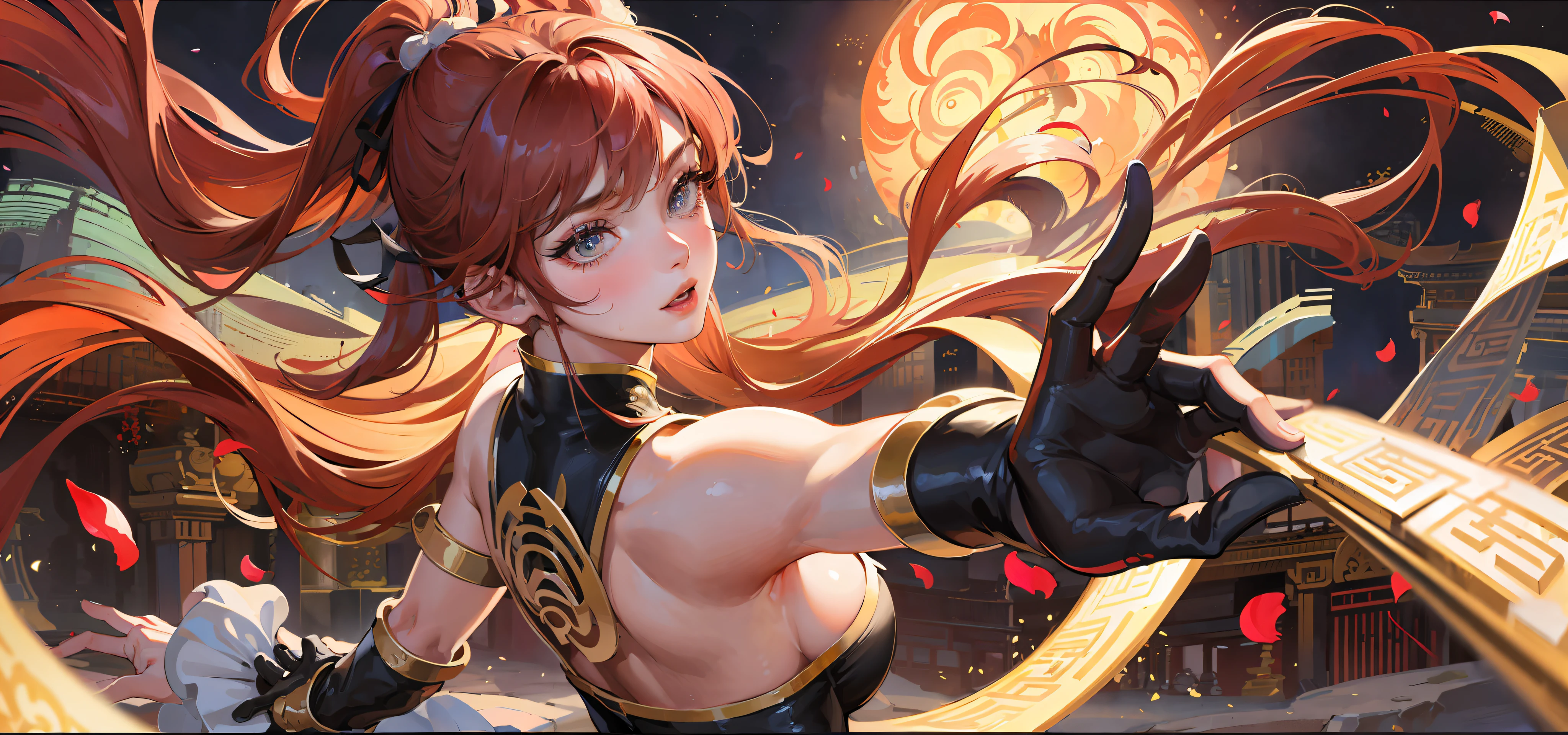 ((Best Quality, 8K, Masterpiece: 1.3)), Chun Li, Masterpiece, Ultra Detail, Ultra HD, 8K, ((Black Pantyhose)), White High Boots, Street Fighter Chun Li, 1girl, Solo, Best Quality, Realistic, Ultra Detailed, (Shiny Skin, Sweating: 1.4), Looking at the Audience, Brown Eyes, Slender, Dynamic Light and Shadow, High Resolution, Sharp Focus, Depth of Field, Fine Eyes, Sharp Pupils, Realistic Pupils, (Thigh Thickness: 1.3), Outdoor, Sky, Detailed Eyes, Backlight, Best Light and Shadow, Intricate Details, Ultra Detailed Details, Capcom Chunli, Upper Body Close-up, Small Thin Waist, Slim Abdomen, Character Standing, Sideways, Looking Back, Big Eyes, Long Eyelashes, Delicate Nose, Instagram Style Girl, Kung Fu Pose, (Upper Body: 1.5), Above the Waist Frame, Perfect Digital Illustration, Computer Background, Wind, Petals, Long Flowing Hair, Artistic Conception, Messy Red Petal Background, Ancient Chinese Architecture, Temple, Temple, Mountain Road Behind You