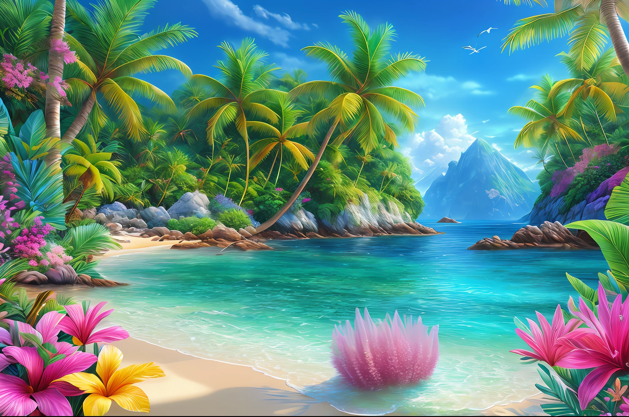 tropical crystal sea landscape, water, (extremely detailed CG 8k unit wallpaper), world's most beautiful artwork, professional majestic oil painting, complex, high detail, sharp focus, dramatic, photorealistic painting art, lots of lush flowers
