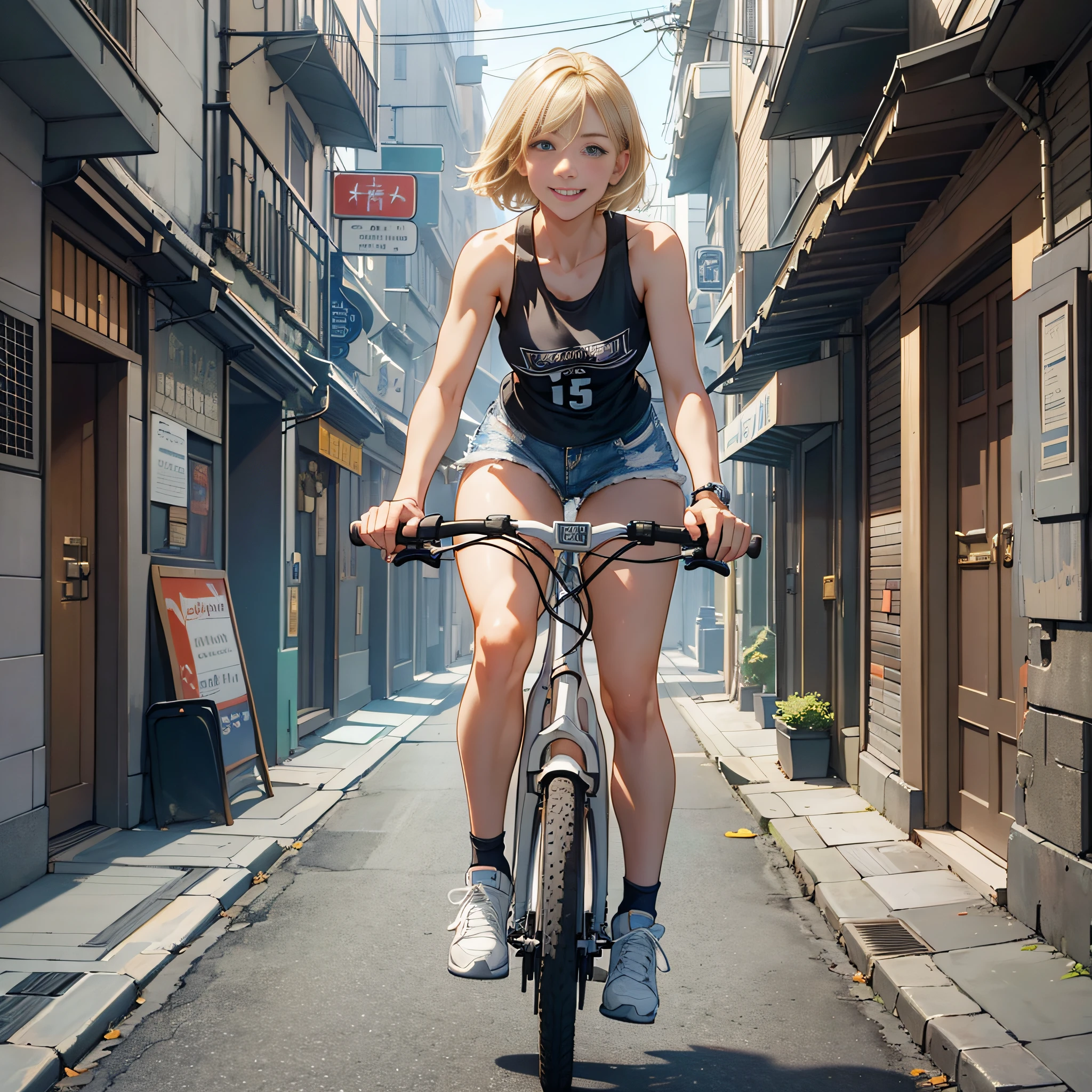 {{masterpiece, best quality, extremely detailed CG, unity 8k wallpaper, cinematic lighting}}, The streets along Yokohama Port, The protagonist is a stunning upper body girl, 1 person, blonde short bob, smile, wearing a white tank top, distressed denim shorts:1.3, white basketball shoes, and riding the kickboard,
