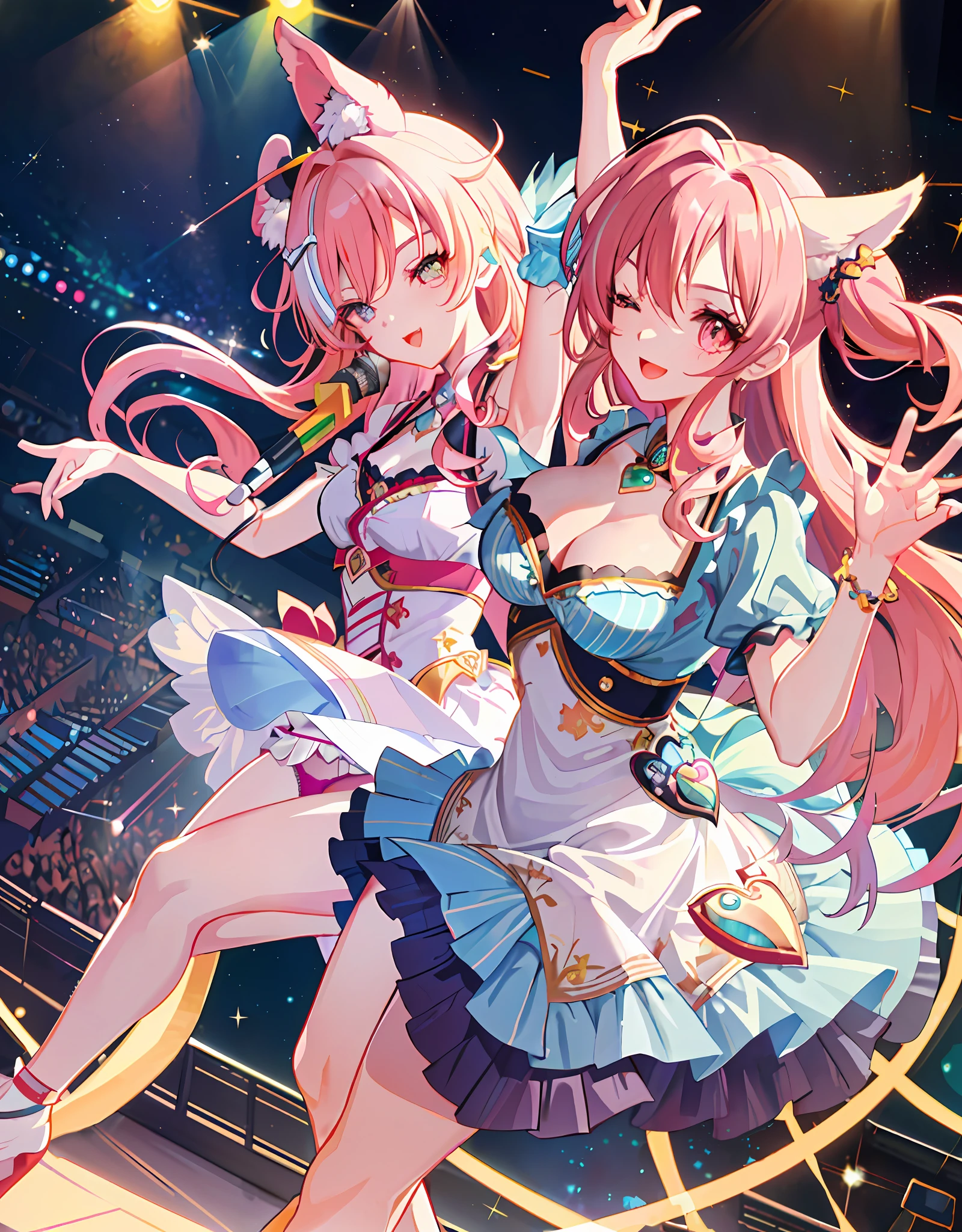 Masterpiece, Best Quality, Divine Drawing, Trending Style, ((((Perfect Human Hand, 5 Fingers))), Perfect Human Body, Dynamic Angle, Upper Body, Two Girls, Smile, Wolf Ears, Wolf Tail, Pink Eyes, Hair Between Eyes, (((((Wink)))), D Cup, Cleavage, Striped Hair, (Colorful hair color: 1)))), Variegated hairstyle: 1, Twin tails, Ultra-detailed gradient hair, idol costumes, professional designers, ruffled dresses, love live, The Idolmaster, jewels, backstage, best stage, climax: 1, professional stage, (holding the microphone in your left hand and singing emotionally, overflowing emotions, best smile))), singer, vocalist: 1, idol, diva, professional stage, professional lighting, live lighting, averting the gaze, fan service, (((satellite photo seen from the audience)))), (((panchira, cute panties))))