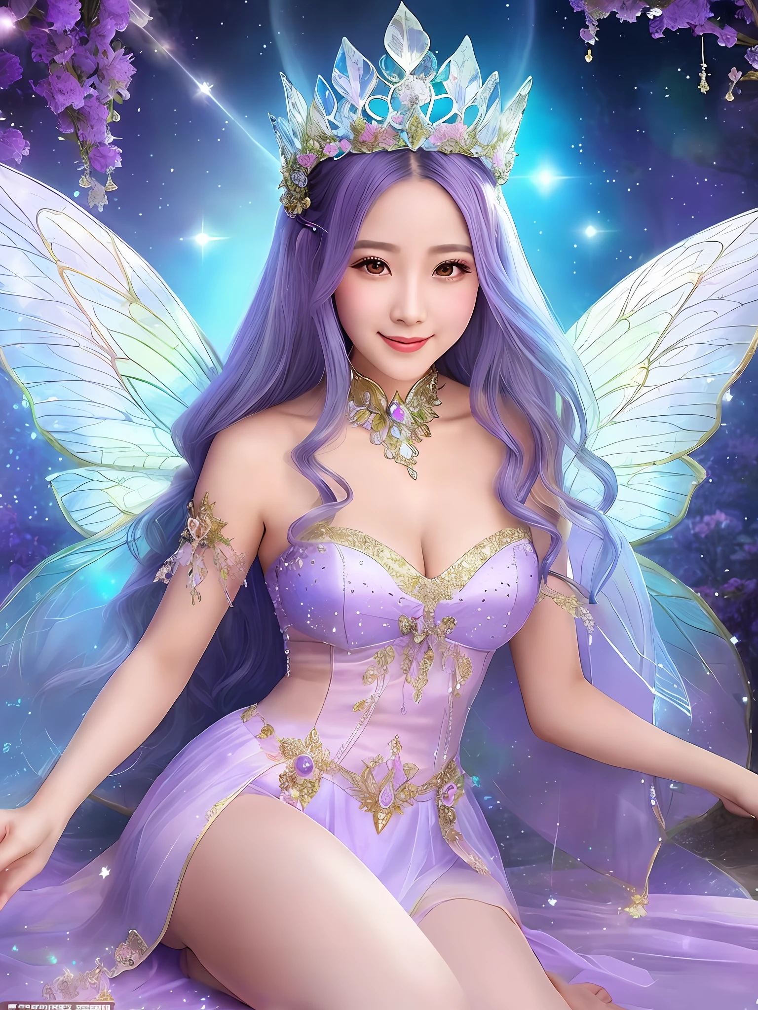 a close up of a woman dressed in a fairy costume, smiling as a queen of fairies, astral fairy, ethereal wings, beautiful and elegant elf queen, beautiful adult fairy queen, fairy queen, fairy aesthetics, ethereal fantasy, beautiful fairy, ethereal fairytale, beautiful adult fairy, fairycore, full body xianxia, ((a beautiful fantasy empress)), fairy magnificent