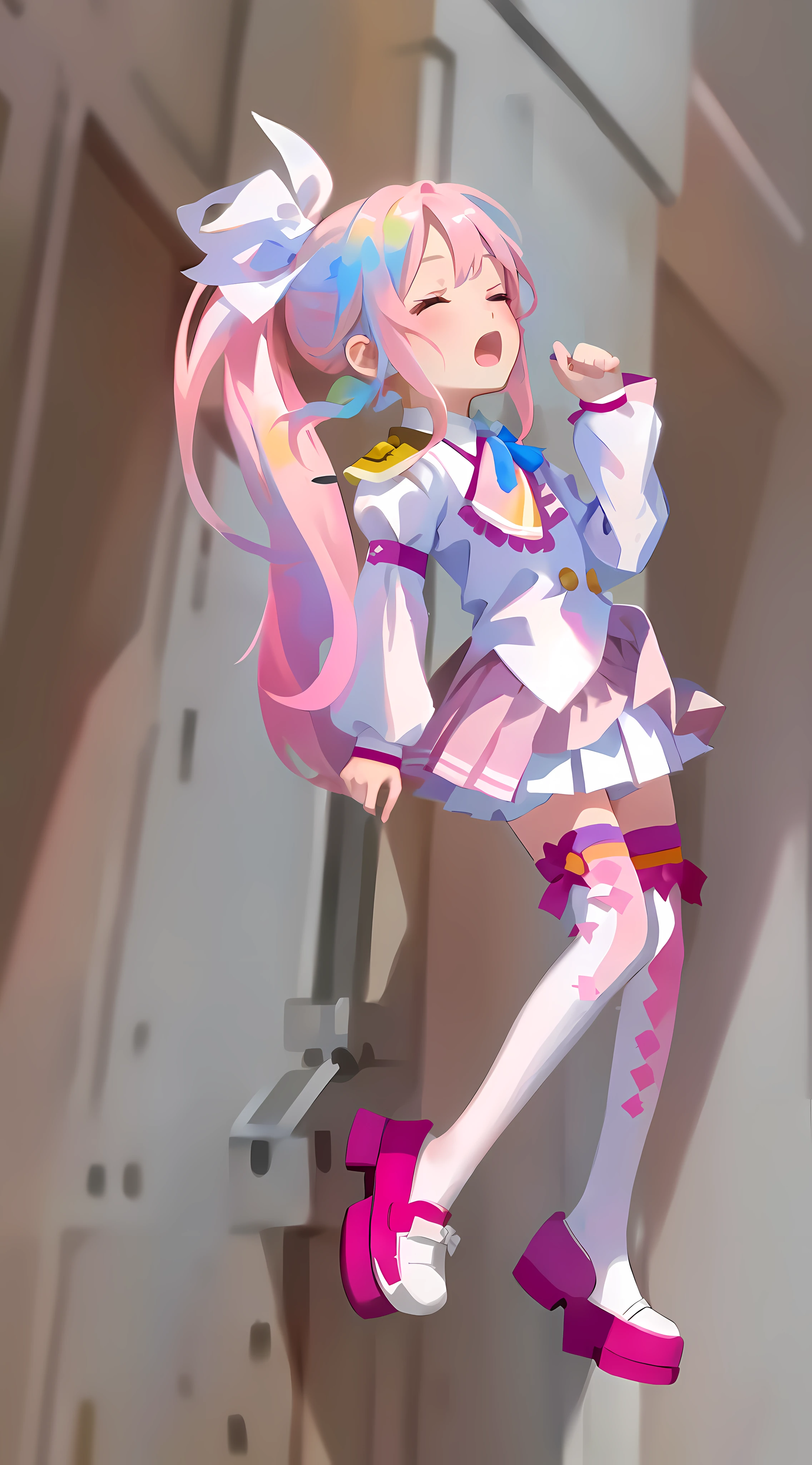 1 girl, (Masterpiece: 1.1), (Best quality: 1.1), (White shirt: 1.1), loli, cute, eyes closed, mouth open, pink hair, single ponytail, pink pleated skirt, scream