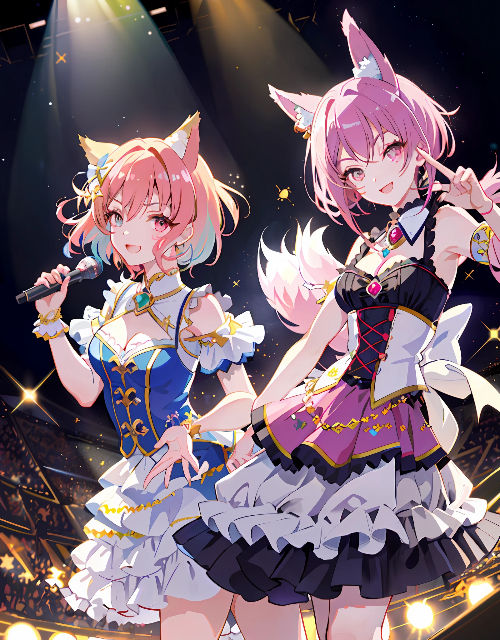 Masterpiece, Best Quality, Divine Drawing, Trending Style, ((((Perfect Human Hand, 5 Fingers))), Perfect Human Body, Dynamic Angle, Upper Body, Two Girls, Smile, Wolf Ears, Wolf Tail, Pink Eyes, Hair Between Eyes, (((((Wink)))), D Cup, Cleavage, Striped Hair, (Colorful hair color: 1)))), Variegated hairstyle: 1, Twin tails, Ultra-detailed gradient hair, idol costumes, professional designers, ruffled dresses, love live, The Idolmaster, jewels, backstage, best stage, climax: 1, professional stage, (holding the microphone in your left hand and singing emotionally, overflowing emotions, best smile))), singer, vocalist: 1, idol, diva, professional stage, professional lighting, live lighting, averting the gaze, fan service, (((satellite photo seen from the audience)))), (((panchira, cute panties))))