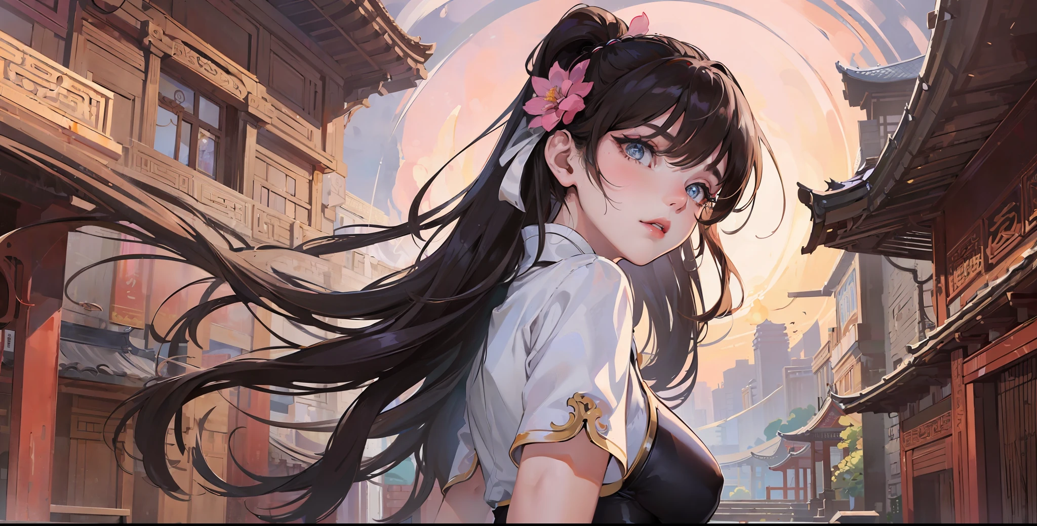 ((Best Quality, 8K, Masterpiece: 1.3)), Chun Li, Masterpiece, Ultra Detail, Ultra HD, 8K, ((Black Pantyhose)), White High Boots, Street Fighter Chun Li, 1girl, Solo, Best Quality, Realistic, Ultra Detailed, (Shiny Skin, Sweating: 1.4), Looking at the Audience, Brown Eyes, Slender, Dynamic Light and Shadow, High Resolution, Sharp Focus, Depth of Field, Fine Eyes, Sharp Pupils, Realistic Pupils, (Thigh Thickness: 1.3), Outdoor, Sky, Detailed Eyes, Backlight, Best Light and Shadow, Intricate Details, Ultra-Detailed Details, Capcom Chunli, Upper Body Close-up, Small Thin Waist, Slim Belly, Character Standing, Sideways, Looking Back, Big Eyes, Long Eyelashes, Delicate Nose, Instagram Style Girl, Kung Fu Pose, (Upper Portrait: 1.5), Above the Waist Frame, Perfect Digital Illustration, Computer Background, Wind, Petals, Long Flowing Hair, Artistic Conception, Messy Red Petal Background, Ancient Chinese Buildings, Temples, Temples, Mountain Roads in the body