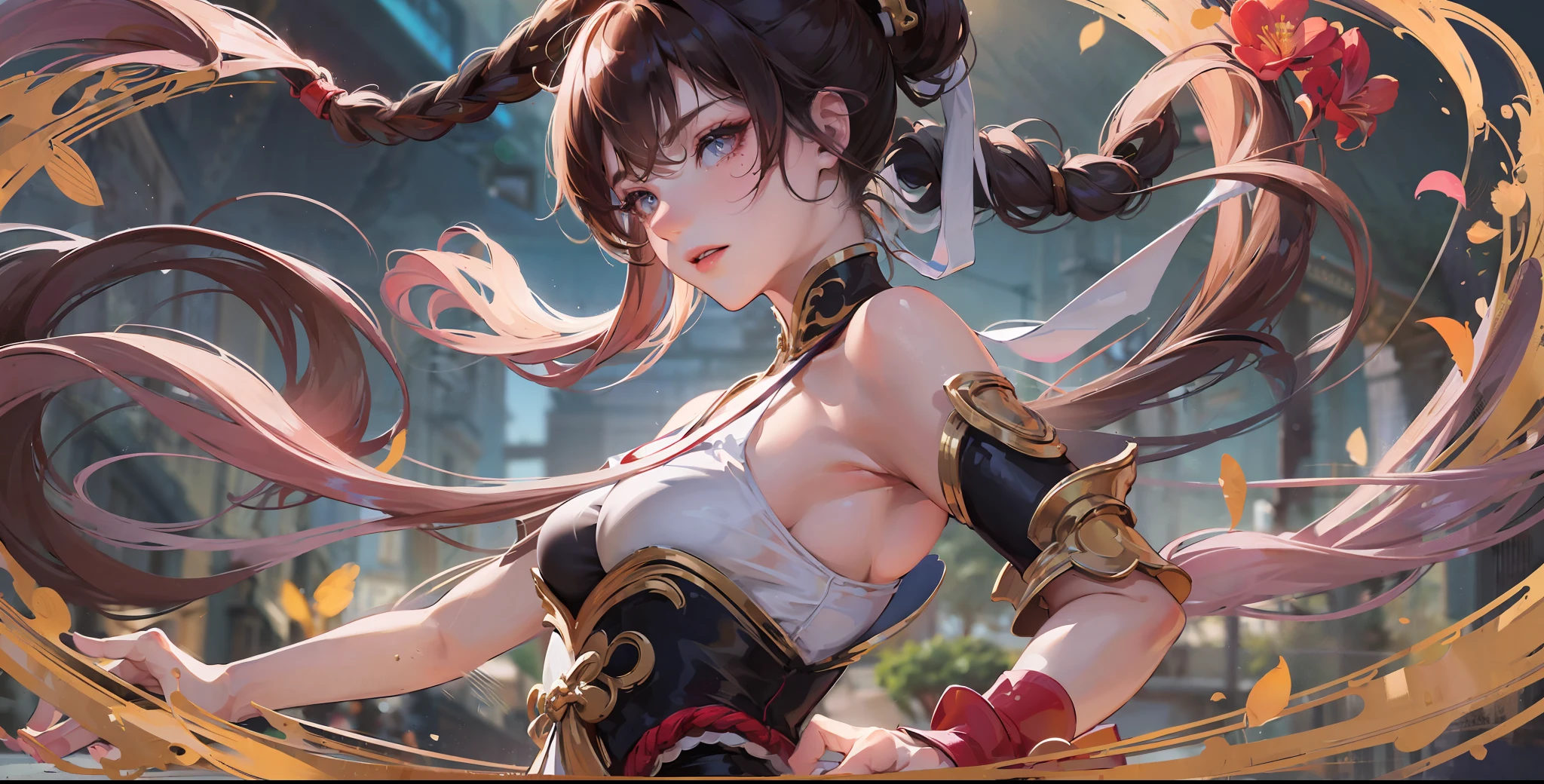((Best Quality, 8K, Masterpiece: 1.3)), Chun Li, Masterpiece, Ultra Detail, Ultra HD, 8K, ((Black Pantyhose)), White High Boots, Street Fighter Chun Li, 1girl, Solo, Best Quality, Realistic, Ultra Detailed, (Shiny Skin, Sweating: 1.4), Looking at the Audience, Brown Eyes, Slender, Dynamic Light and Shadow, High Resolution, Sharp Focus, Depth of Field, Fine Eyes, Sharp Pupils, Realistic Pupils, (Thigh Thickness: 1.3), Outdoor, Sky, Detailed Eyes, Backlight, Best Light and Shadow, Intricate Details, Ultra-Detailed Details, Capcom Chunli, Upper Body Close-up, Small Thin Waist, Slim Belly, Character Standing, Sideways, Looking Back, Big Eyes, Long Eyelashes, Delicate Nose, Instagram Style Girl, Kung Fu Pose, (Upper Portrait: 1.5), Above the Waist Frame, Perfect Digital Illustration, Computer Background, Wind, Petals, Long Flowing Hair, Artistic Conception, Messy Red Petal Background, Ancient Chinese Buildings, Temples, Temples, Mountain Roads in the body