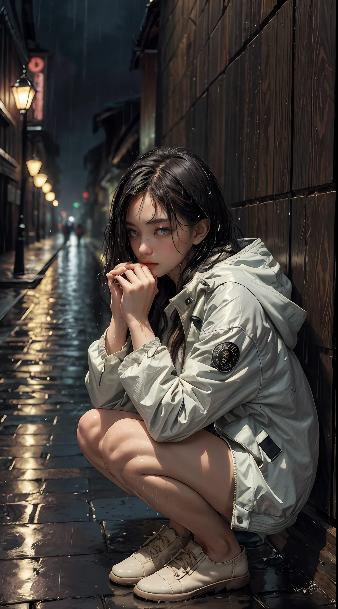 (masterpiece:1.2, best quality), (real picture, intricate details), (night, dark, downpour:1.4)
There was no one in the alley, and the surroundings were silent, only the raindrops sprinkled on the tile eaves of the low houses near and far, making a slight rustling sound. In the cold rain, (1girl, wet hooded jacket, sad, perfect eyes:1.2) squatting on the ground,