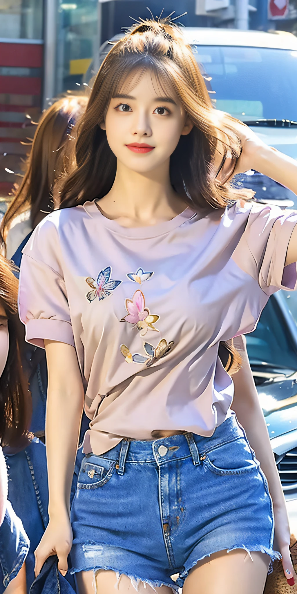 (HD illustration, best quality), delicate characters, single girl theme, dynamic pose, flowing long hair, short sleeves fairy, denim shorts for good figure, deep eyes and double eyelids.