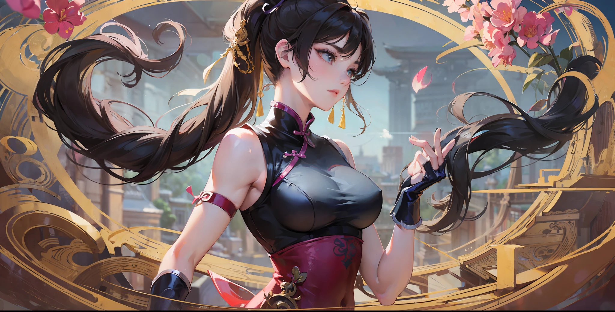 ((Best Quality, 8K, Masterpiece: 1.3)), Chun Li, Masterpiece, Ultra Detail, Ultra HD, 8K, ((Black Pantyhose)), White High Boots, Street Fighter Chun Li, 1girl, Solo, Best Quality, Realistic, Ultra Detailed, (Shiny Skin, Sweating: 1.4), Looking at the Audience, Brown Eyes, Slender, Dynamic Light and Shadow, High Resolution, Sharp Focus, Depth of Field, Fine Eyes, Sharp Pupils, Realistic Pupils, (Thigh Thickness: 1.3), Outdoor, Sky, Detailed Eyes, Backlight, Best Light and Shadow, Intricate Details, Ultra-Detailed Details, Capcom Chunli, Upper Body Close-up, Small Thin Waist, Slim Belly, Character Standing, Sideways, Looking Back, Big Eyes, Long Eyelashes, Delicate Nose, Instagram Style Girl, Kung Fu Pose, (Upper Portrait: 1.5), Above the Waist Frame, Perfect Digital Illustration, Computer Background, Wind, Petals, Long Flowing Hair, Artistic Conception, Messy Red Petal Background, Ancient Chinese Buildings, Temples, Temples, Mountain Roads in the body