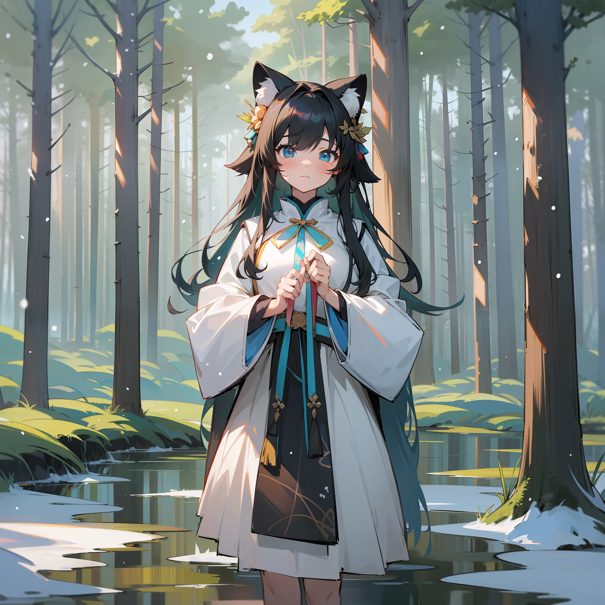 1girl, shy, (masterpiece), 4k, 8k, highres, high resolution, beautiful, anime, amazing, girl, detailed, standing in snowing forest, origen,, 白色连裤袜, 狐狸尾ps 型号: Anything-V3.0