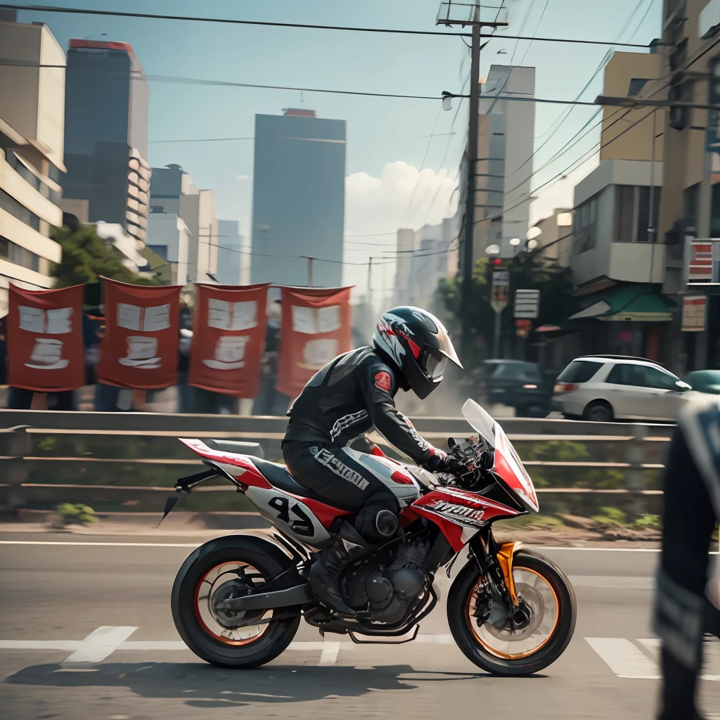 motoboy entregador em alta velocidade visto de lado, 16k, realistc, 135mm, cinematic background --auto --s2