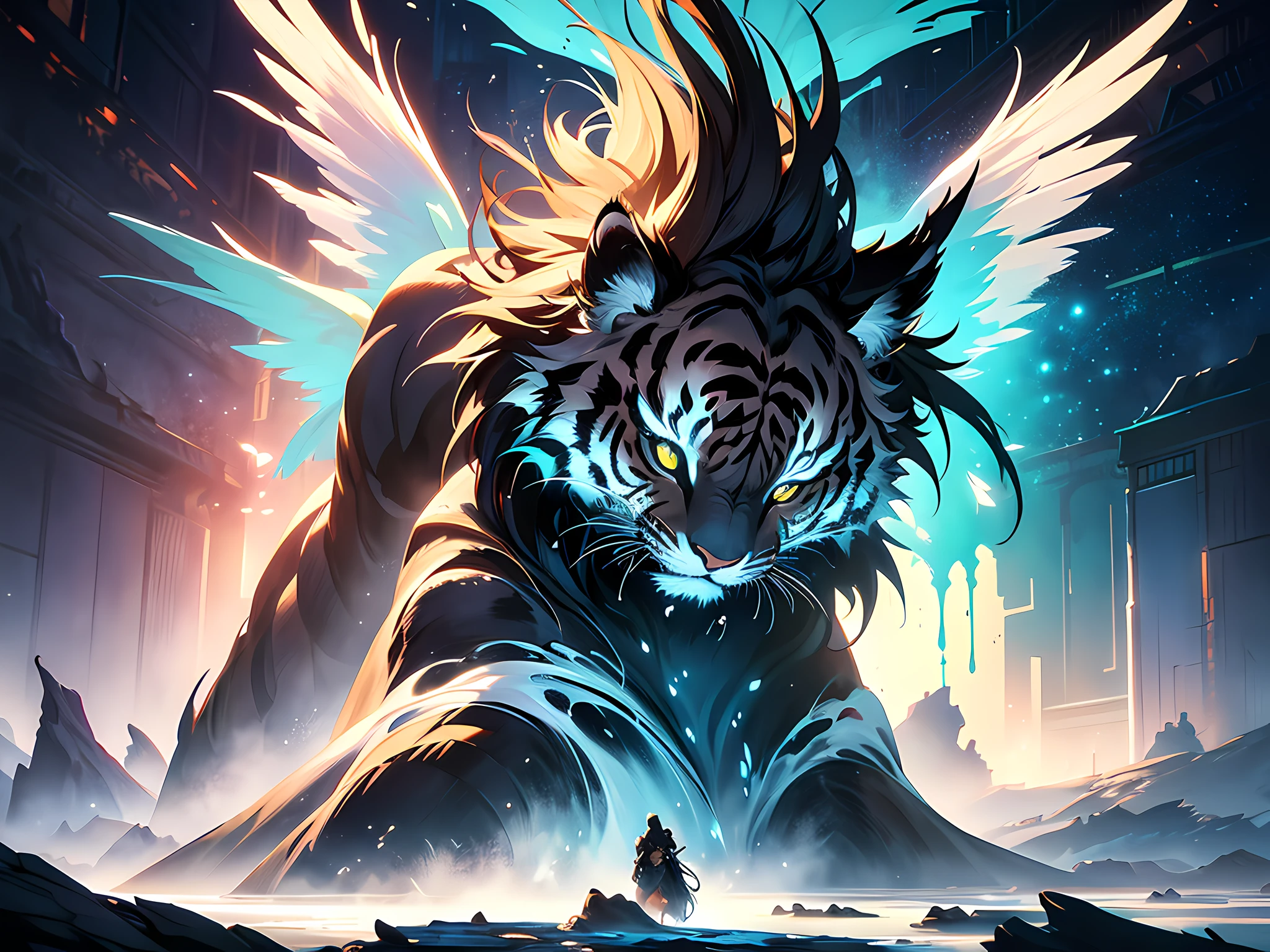 A tiger, white feathers, white wings, fantasy world, dark background, clean design, epic Instagram, artstation, colorful paint splashes, silhouettes, ultra-detailed intricate details, Unreal Engine, fantasy, intricate details, splash screen, complementary colors, fantasy concept art, 8k resolution, deviantart masterpiece, oil painting, heavy stroke, paint dripping, (isolated on white background: 1.3), rainbow skin,