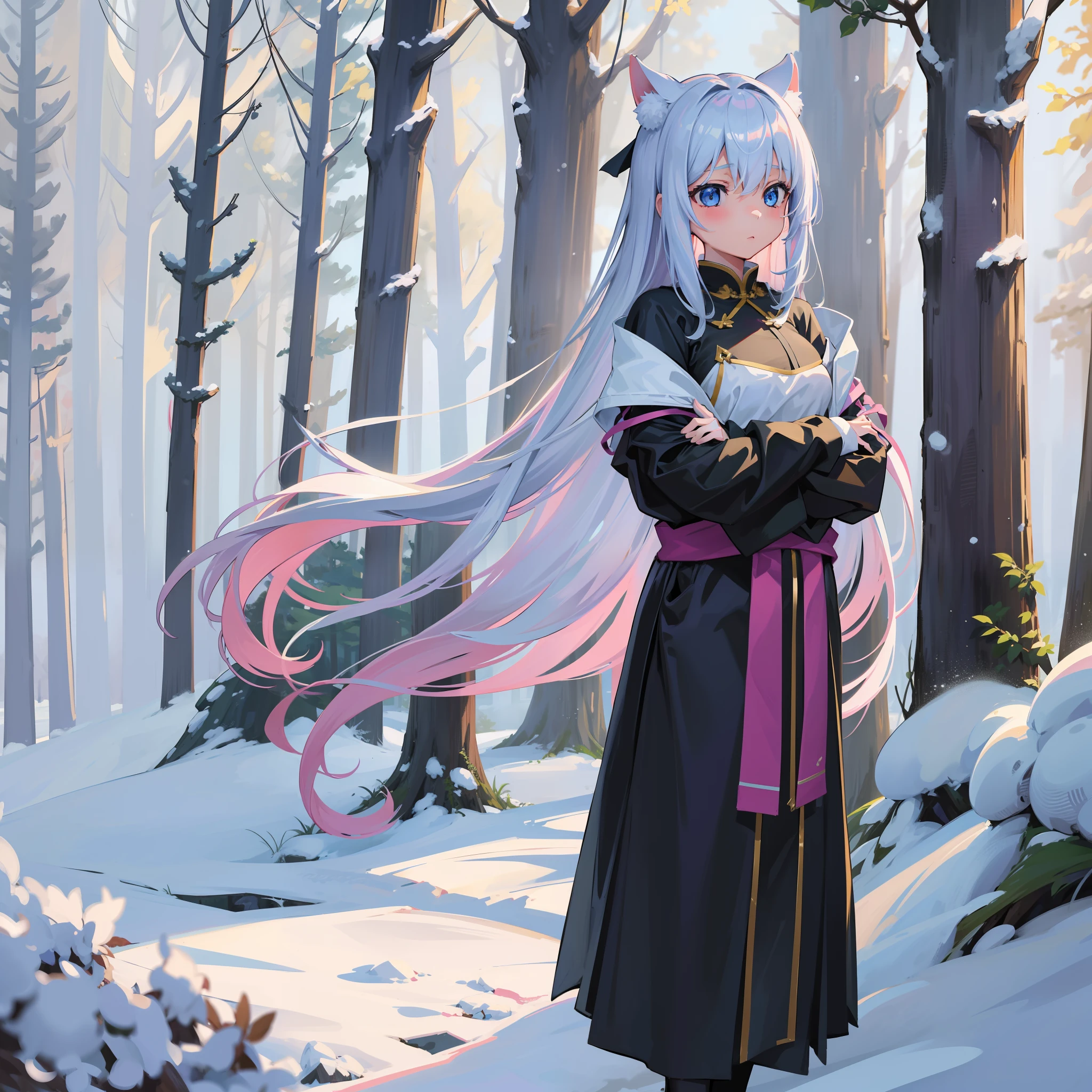 1girl, shy, (masterpiece), 4k, 8k, highres, high resolution, beautiful, anime, amazing, girl, detailed, standing in snowing forest, origen,, 白色连裤袜, 狐狸尾ps 型号: Anything-V3.0,白色连裤袜,白色连裤袜