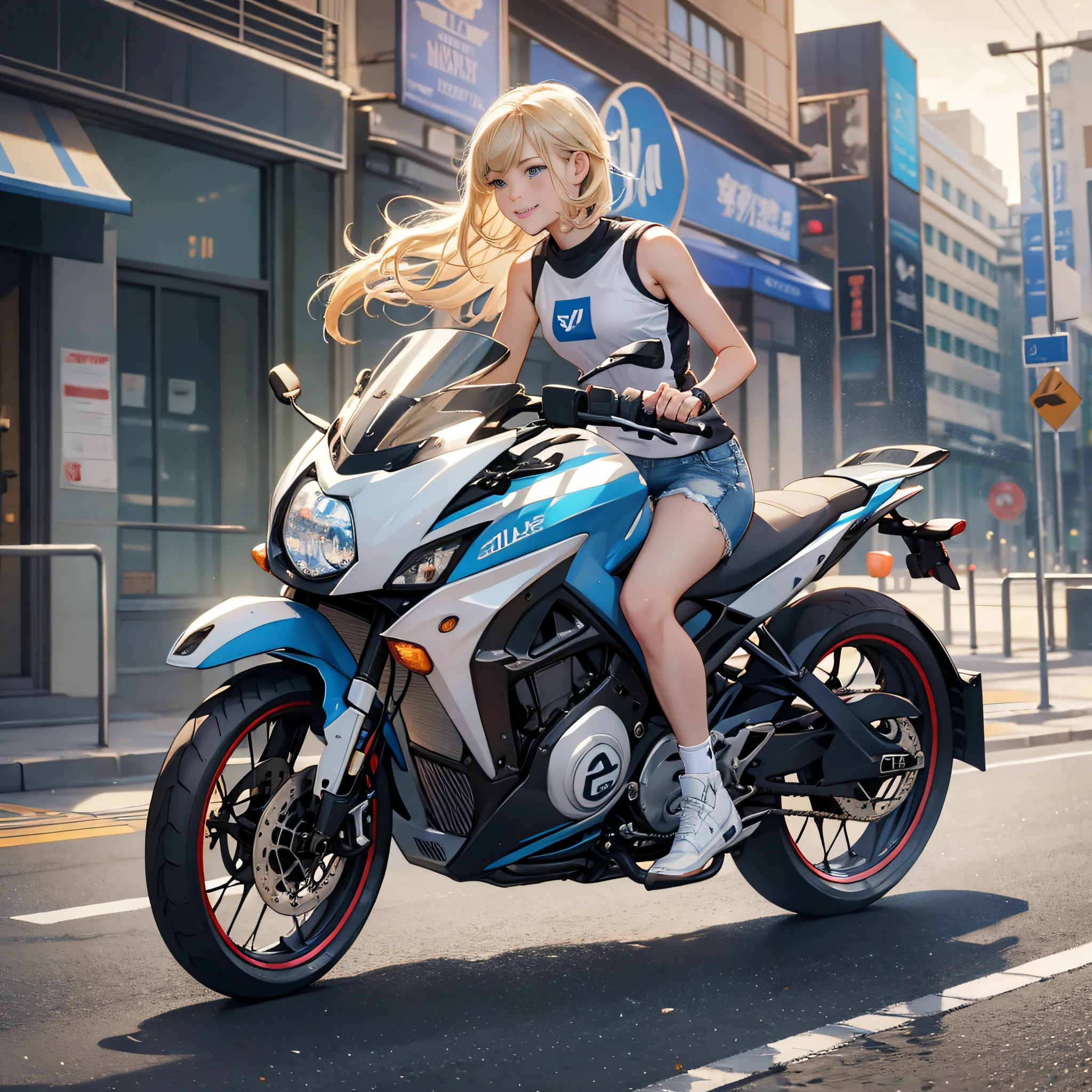 {{masterpiece, best quality, extremely detailed CG, unity 8k wallpaper, cinematic lighting}}, The cityscape along Yokohama Port, a beautiful girl riding an electric kickboard, 1Girl, The protagonist is a stunning upper body girl, blonde short bob, smile , wearing a white tank top, distressed denim shorts: 1.3, white basketball shoes, electric kickboard,