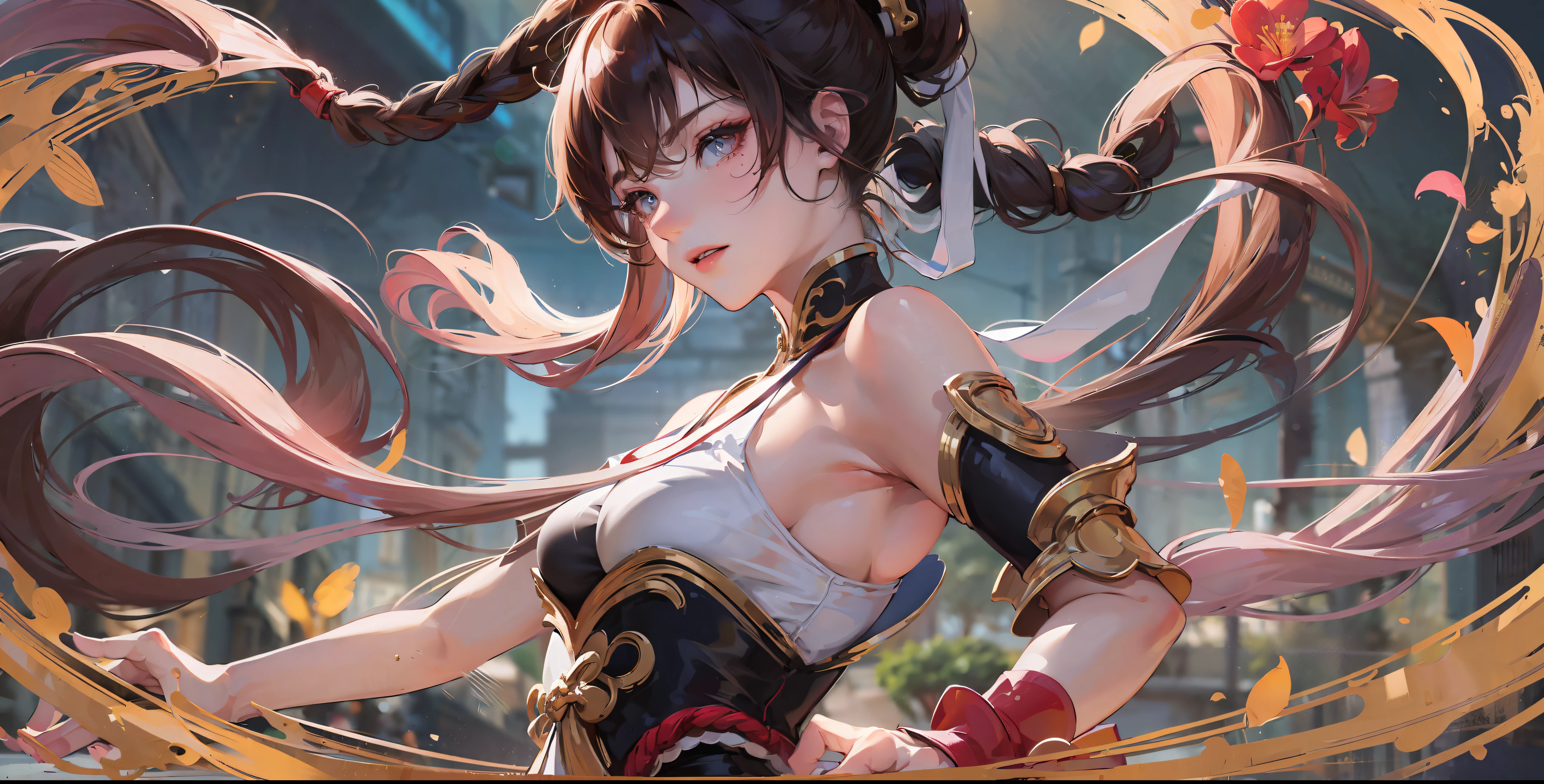 ((Best Quality, 8K, Masterpiece: 1.3)), Chun Li, Masterpiece, Ultra Detail, Ultra HD, 8K, ((Black Pantyhose)), White High Boots, Street Fighter Chun Li, 1girl, Solo, Best Quality, Realistic, Ultra Detailed, (Shiny Skin, Sweating: 1.4), Looking at the Audience, Brown Eyes, Slender, Dynamic Light and Shadow, High Resolution, Sharp Focus, Depth of Field, Fine Eyes, Sharp Pupils, Realistic Pupils, (Thigh Thickness: 1.3), Outdoor, Sky, Detailed Eyes, Backlight, Best Light and Shadow, Intricate Details, Ultra-Detailed Details, Capcom Chunli, Upper Body Close-up, Small Thin Waist, Slim Belly, Character Standing, Sideways, Looking Back, Big Eyes, Long Eyelashes, Delicate Nose, Instagram Style Girl, Kung Fu Pose, (Upper Portrait: 1.5), Above the Waist Frame, Perfect Digital Illustration, Computer Background, Wind, Petals, Long Flowing Hair, Artistic Conception, Messy Red Petal Background, Ancient Chinese Buildings, Temples, Temples, Mountain Roads in the body