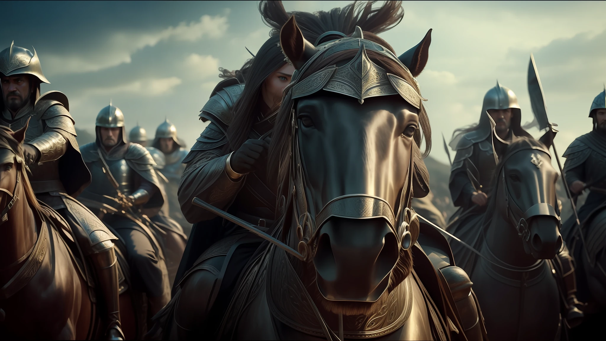 there are many people riding horses with helmets, closeup of vfx film, beautiful rendering of a fairy tale, Arabic, inspired by Kazimierz Wojniakowski, filmed in anamorphic lenses, tumultuous entertainment, morgoth, zhang yimou, heavy metal band promotion, 3 dmax, nomad