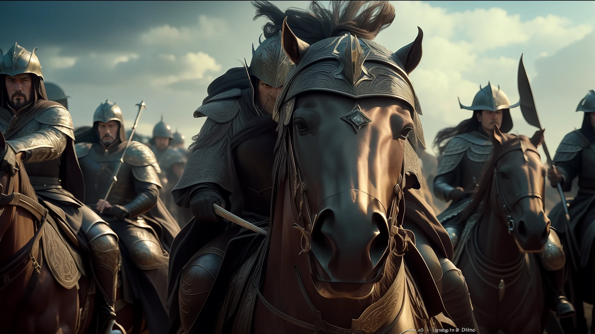 there are many people riding horses with helmets, closeup of vfx film, beautiful rendering of a fairy tale, Arabic, inspired by Kazimierz Wojniakowski, filmed in anamorphic lenses, tumultuous entertainment, morgoth, zhang yimou, heavy metal band promotion, 3 dmax, nomad