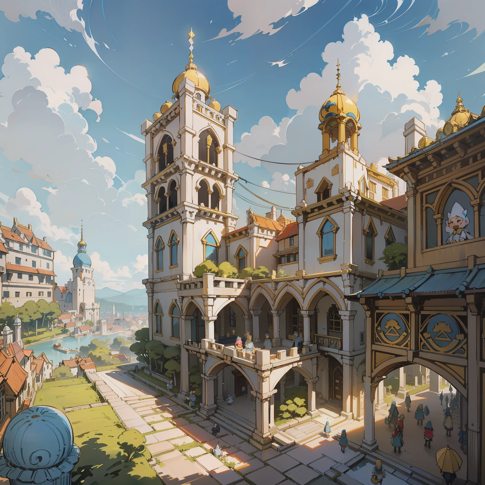 royal city, terraces, clouds, wide angle, pioneering, ancient royal city, bazaar, ray tracing, comics, 3d rendering, cartoon, cute style, sunny, outdoor, detailed, 4K, HD, high quality