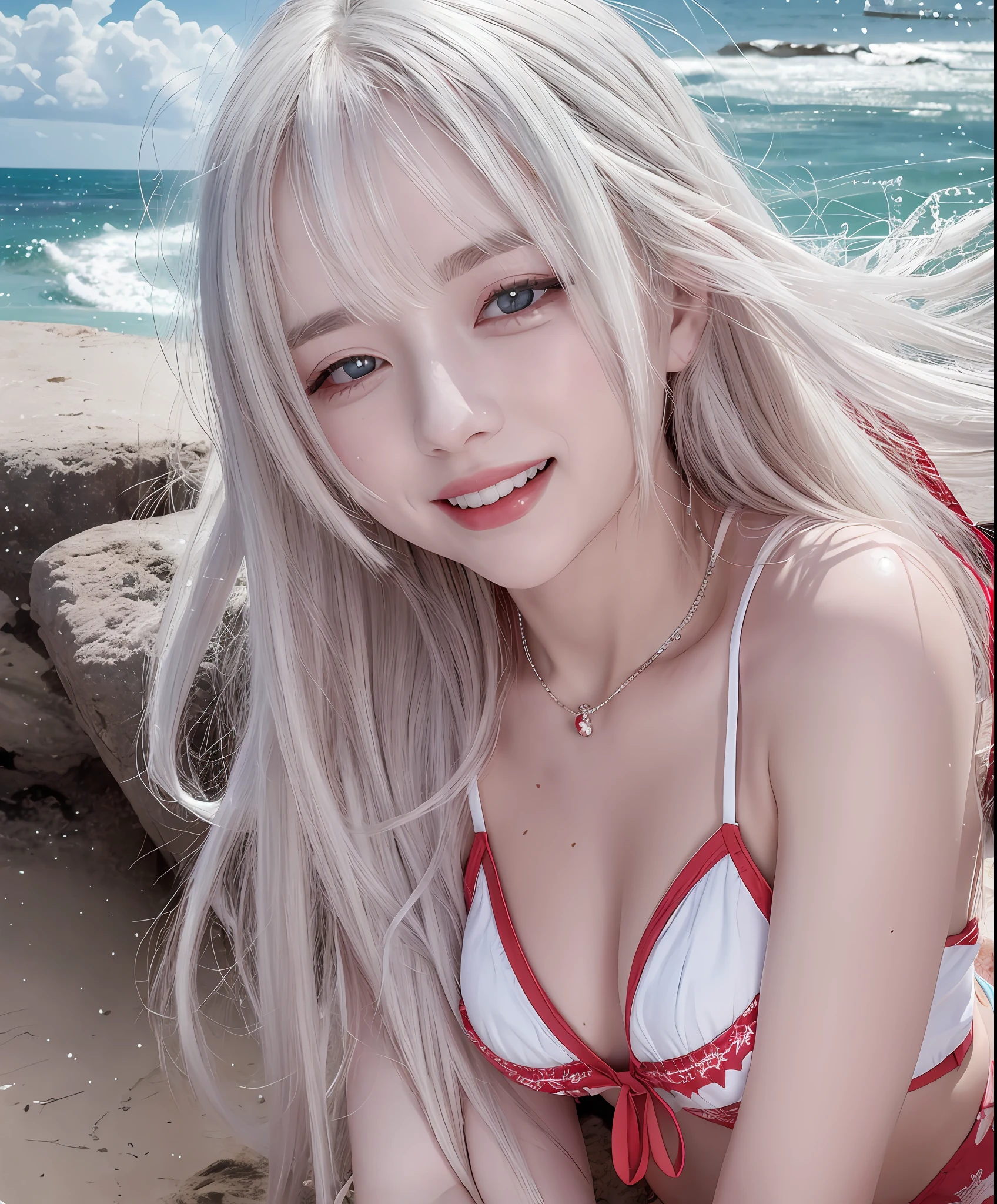 white hair, red eyes, laughing, water, seaside, beach, sunny girl