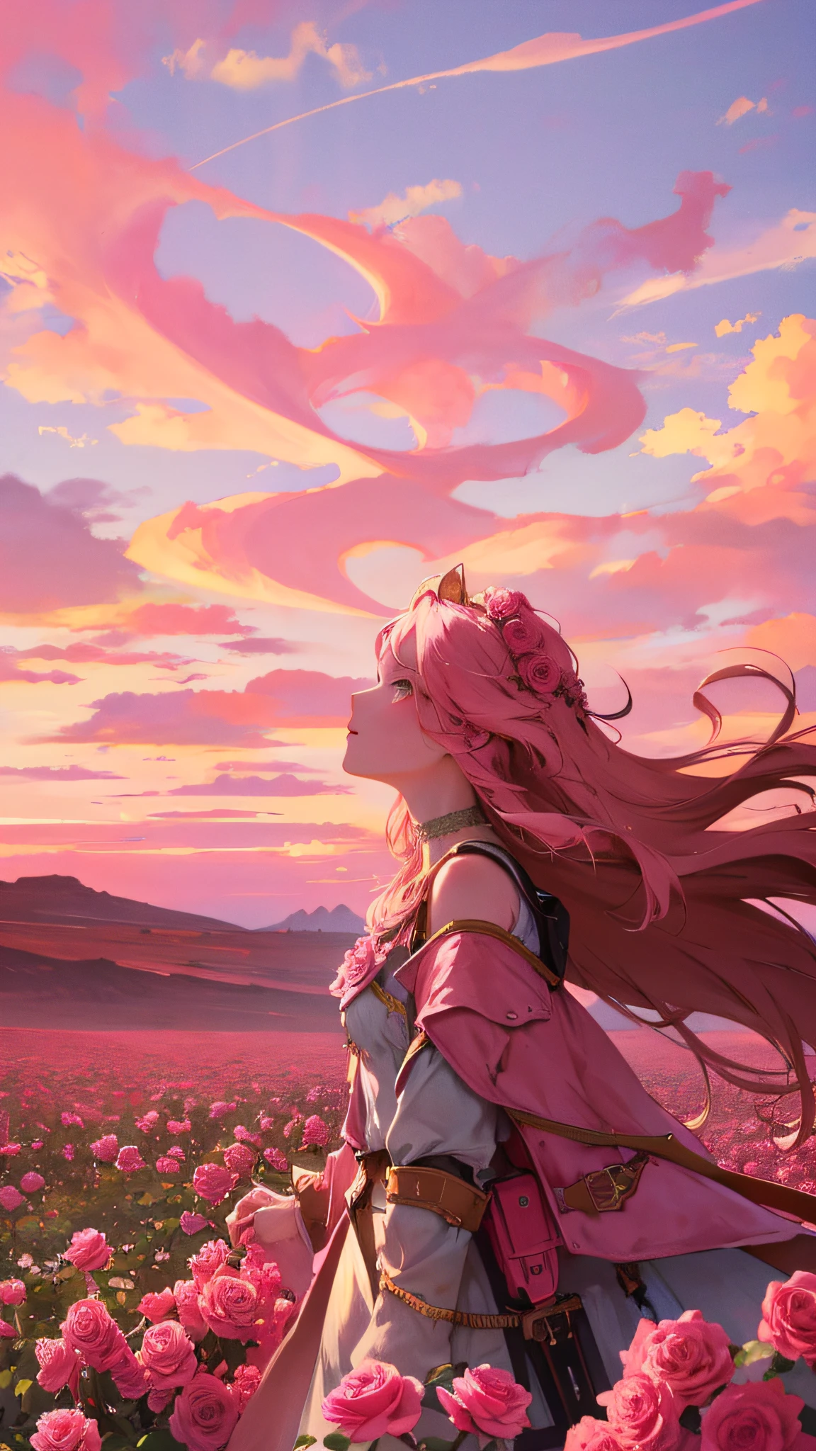 Summer, desert, pink clouds, a land overgrown with roses stands beautiful girl, James Gurney, art station rendered, ultra-wide lens, high definition