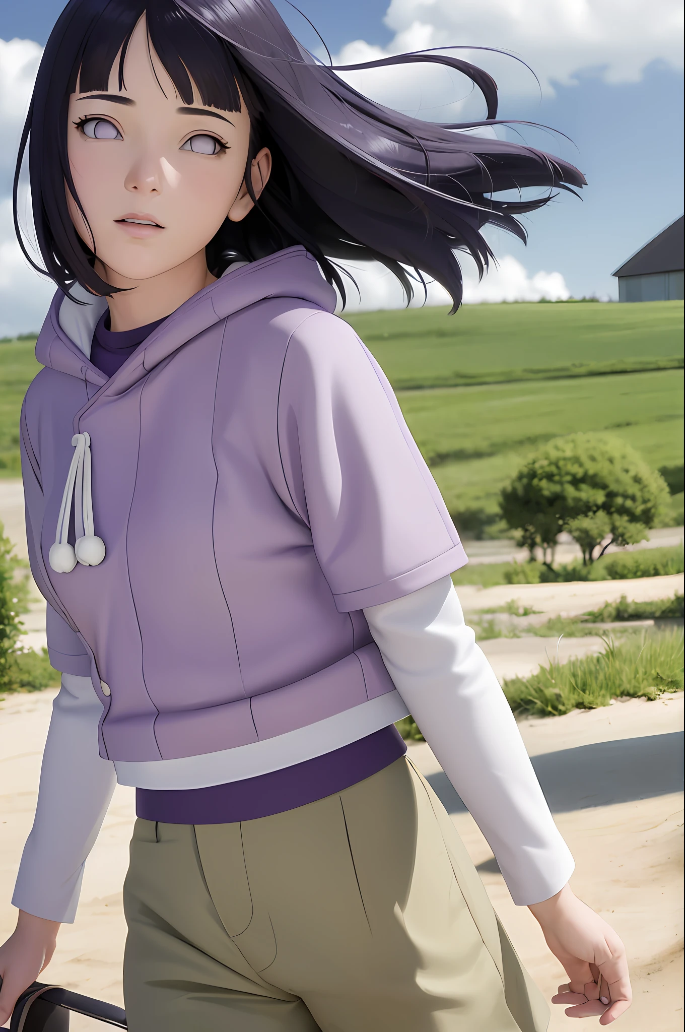 masterpiece, absurdres, hinata\(boruto\), 1girl, solo,mature female, purple hoodie,layered sleeves, brown pants,  outdoors,lavender flower field, wind, floating hair, looking at viewer, (falling petals), cloudy sky, perfect composition, detailed lips, medium breast, beautiful face, body propotion, blush, soft smile, light smile