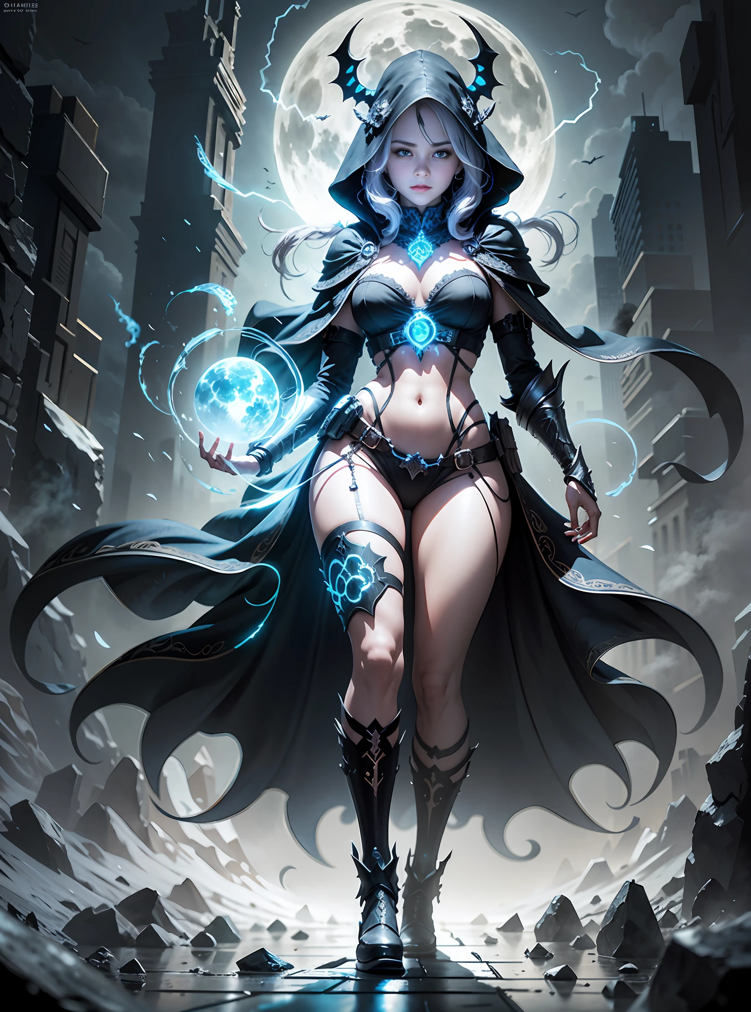 BREAK (very detailed 8k wallpaper),full body of a beautiful female warlock, intricate, high detail, tomb background, dark aura, intricate rune line floating around, spark and runic dancing in a dark Magical atmosphere,BREAK with a black figure looming through gray fog behind her, with a dark cloak hood showing her face and her curve BREAK, black dark aura, moon, books, grimmore, astral floating skull, dark skull floating,dark theme, ravens, dark feather,sexy body BREAK,Detailed,Realistic,4k highly detailed digital art,octane render, bioluminescent, BREAK 8K resolution concept art, realism,by Mappa studios,masterpiece,best quality,official art,illustration,ligne claire,(cool_color),perfect composition,absurdres, fantasy,focused,rule of thirds