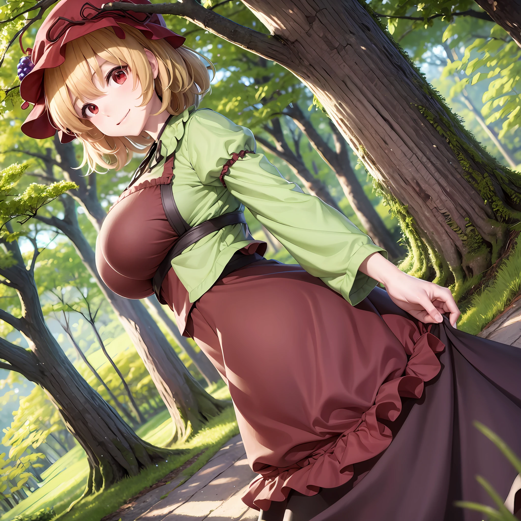 (Aki Minoriko), Mob cap, grapes, grape hat ornament, wide sleeves, shirt, skirt, apron, huge breasts, seductive smile, short hair, red eyes, thick eyelashes, wide hips, {{{Masterpiece}}}, {{{detailed}}} {{{high Resolution}}}, colorful, {{{cinematic lighting}}}, {{detailed}}, 4K, Touhou, autumn, autumn forest, 1girl, cute, sexy, breasts out, covered, ecchi, ass