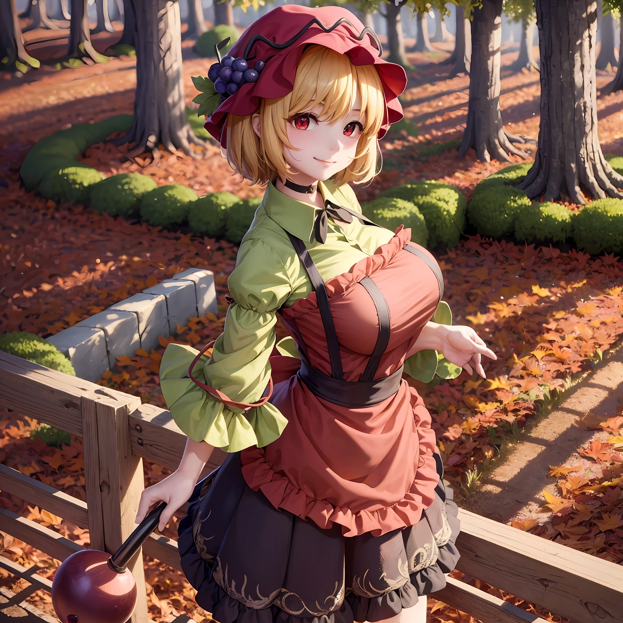 (Aki Minoriko), Mob cap, grapes, grape hat ornament, wide sleeves, shirt, skirt, apron, huge breasts, seductive smile, short hair, red eyes, thick eyelashes, wide hips, {{{Masterpiece}}}, {{{detailed}}} {{{high Resolution}}}, colorful, {{{cinematic lighting}}}, {{detailed}}, 4K, Touhou, autumn, autumn forest, 1girl, cute, sexy,  breasts out, covered, ecchi, ass