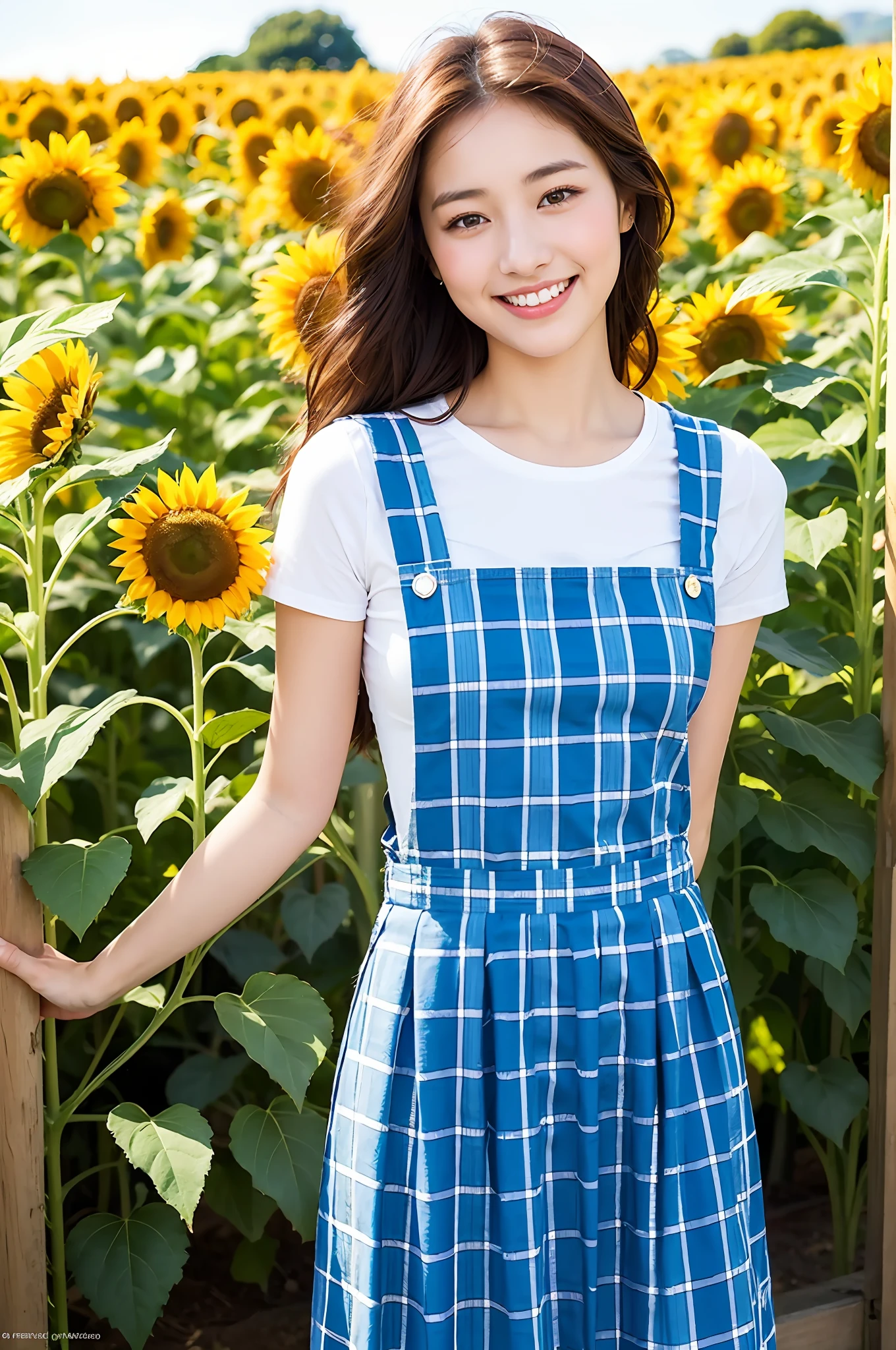 Beautiful 19 year old Japan woman, plaid pinafore, top quality, masterpiece, super high resolution, photorealistic, smile, upper body, sunflower field, date, face focus, background blur, full body, f1.0, tied hair,