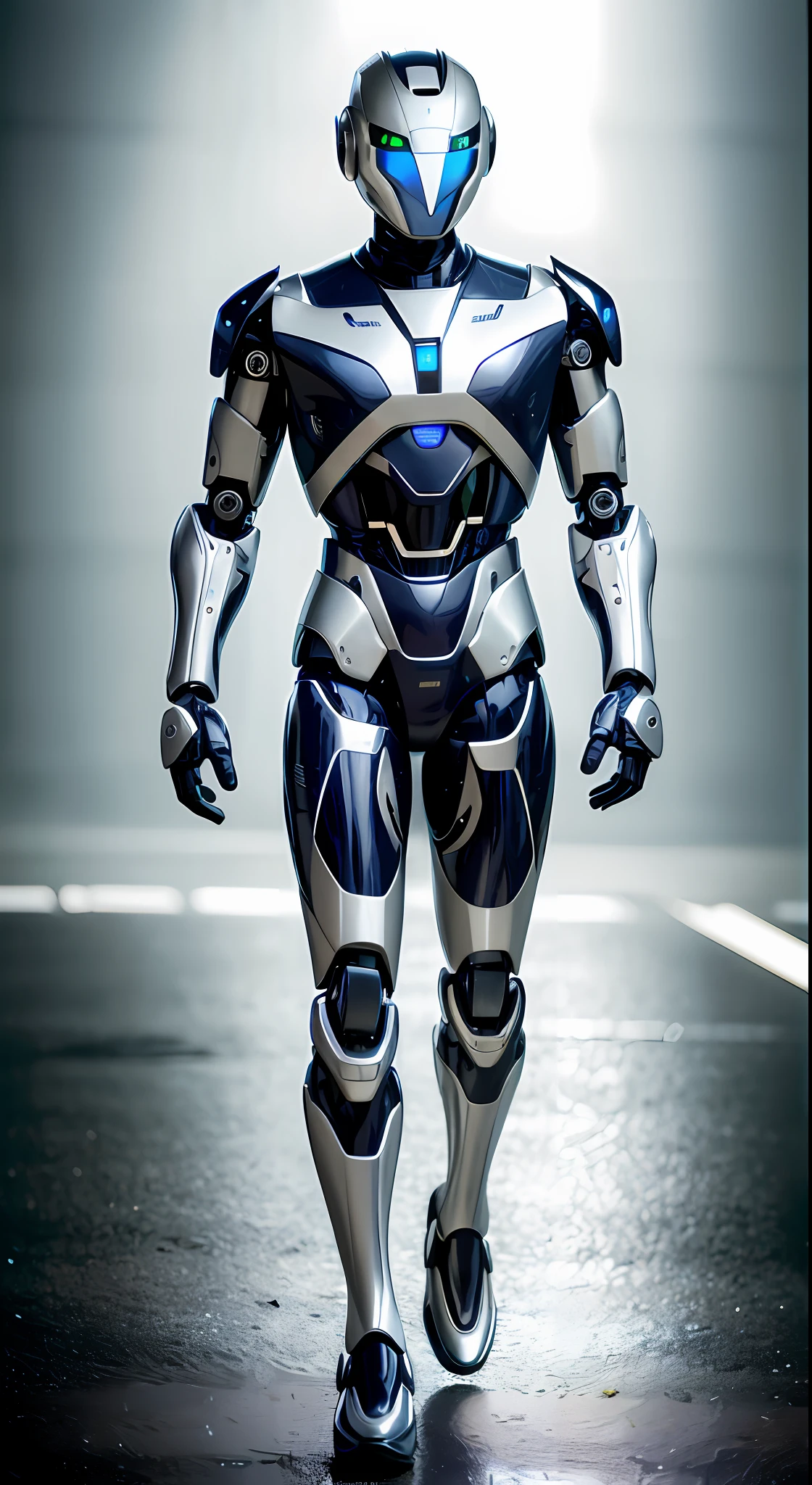 arafed robot walking on a road with a light shining on it, futuristic robot body, futuristic robot, portrait of a futuristic robot, full body robot with human mask, sci - fi suit, humanoid robot close up, detailed humanoid, cybersuit, science fiction suit, porcelain cyborg armor, the most advanced humanoid robot, humanoid robot, robot suit