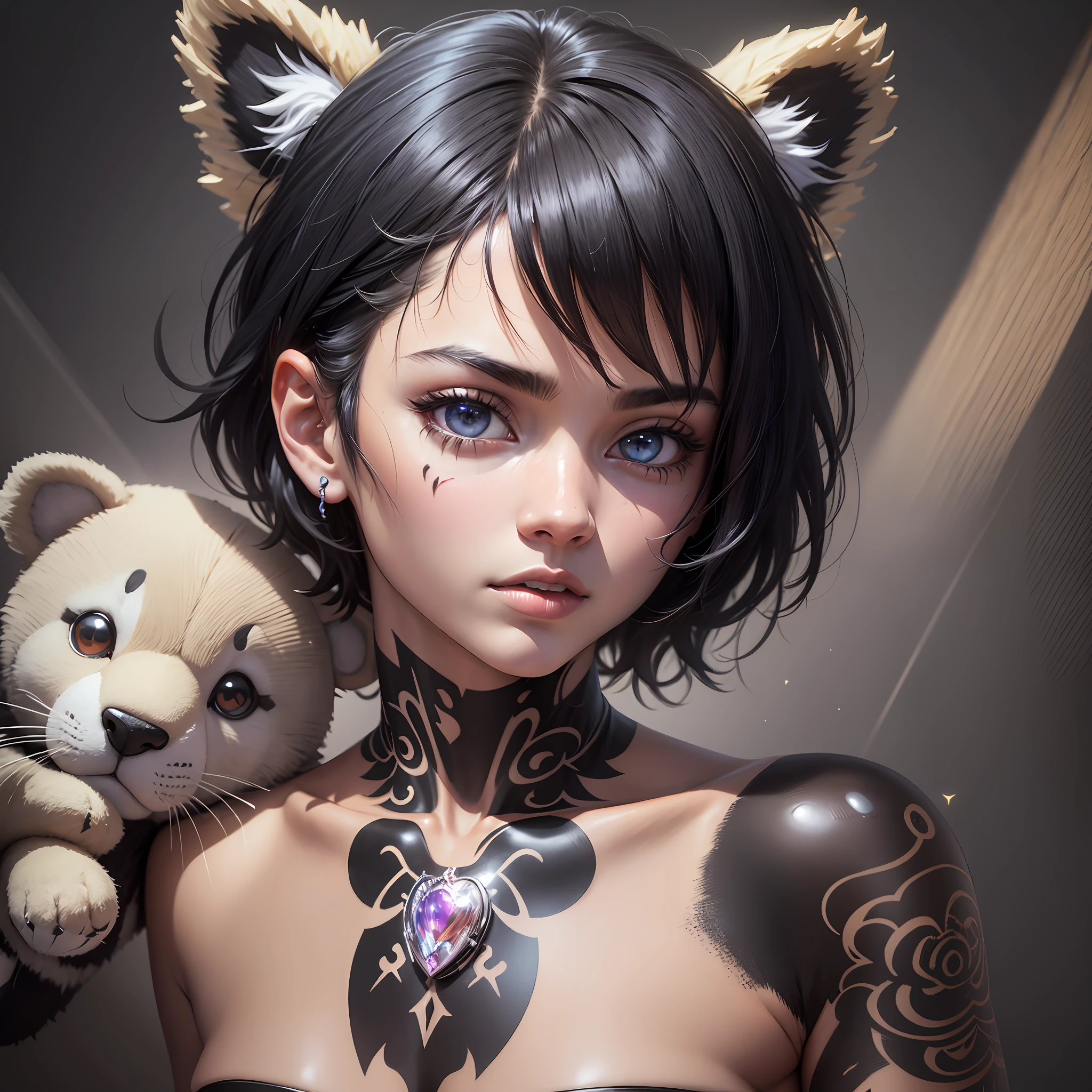 black hair, Teenager with bad tattoos, Holding a weird teddy bear, hansome, with short hair, Surrealism, blind box toy style, Conceptual art, Minimalism, Fauvism, Action painting, Hyperrealism, cinematic lighting, sparkle, god rays, ray tracing, bloom, drop shadow, stereogram, anime, 8k, super detail, UHD, masterpiece, retina, ccurate, anatomically correct, textured skin, super detail, high details, best quality, high quality, highres, 16k --auto --s2