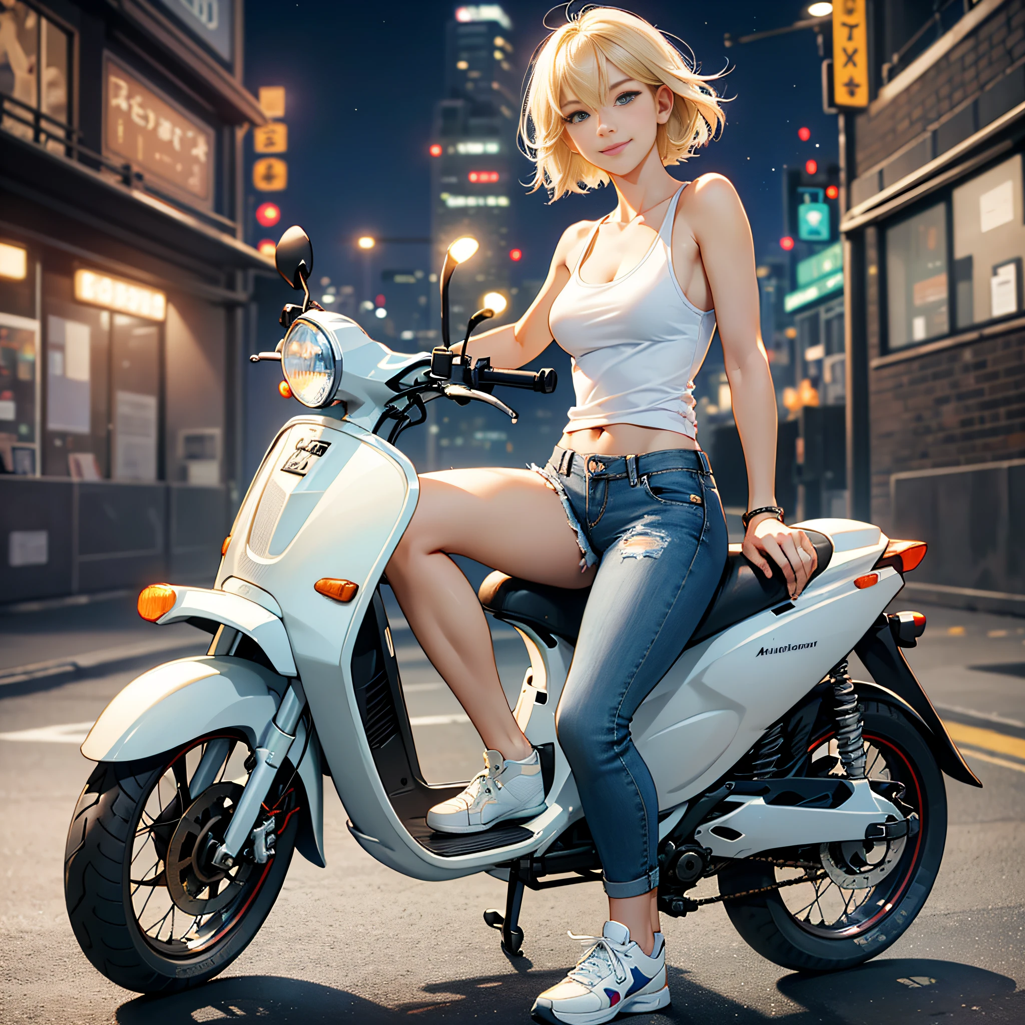 {{masterpiece, best quality, extremely detailed CG, unity 8k wallpaper, cinematic lighting}}, The cityscape along Yokohama Port, a beautiful girl riding a moped, 1Girl, The protagonist is a stunning upper body girl, blonde short bob, smile, wearing a white tank top, distressed denim shorts: 1.3, white basketball shoes, moped,