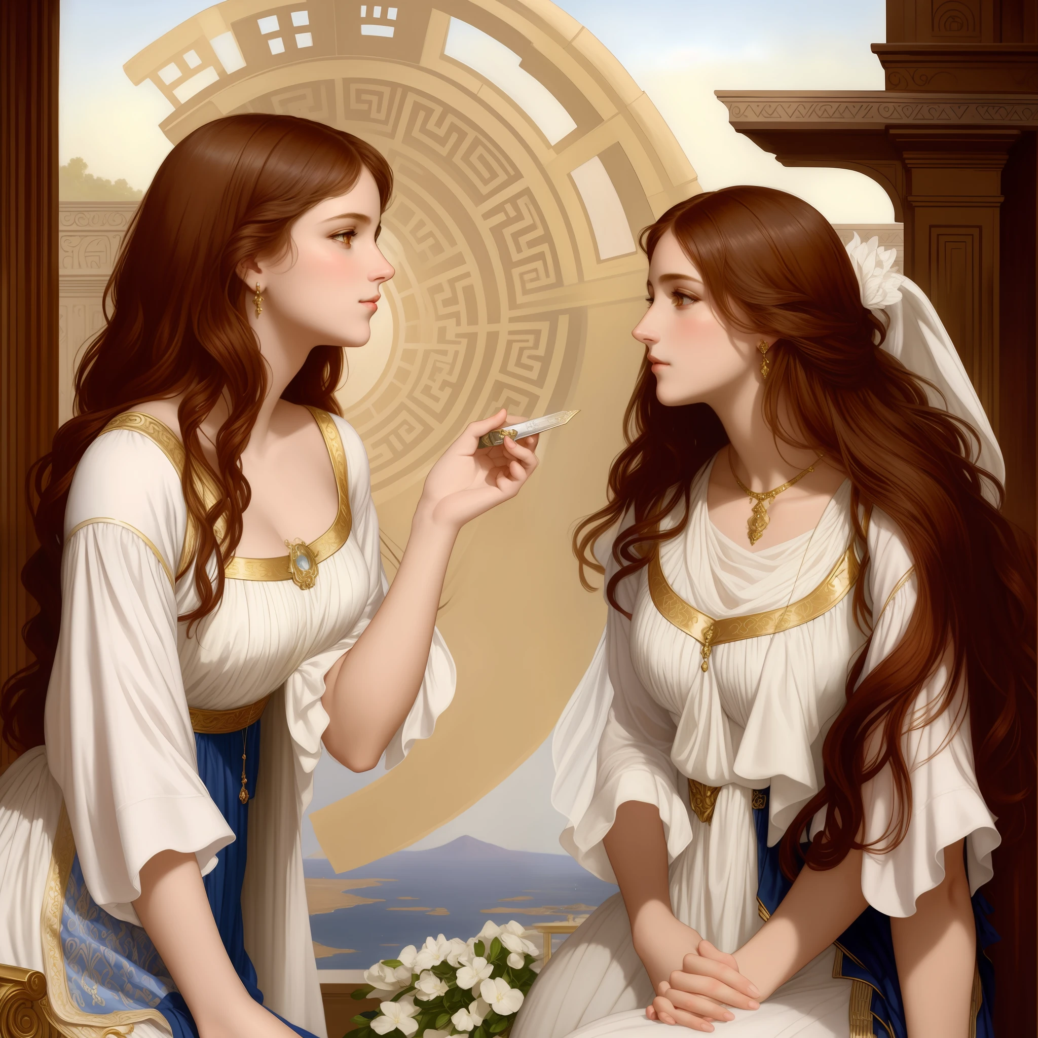 painting of two women in white dresses sitting on a bench, beautiful gemini twins portrait, by Alexandre Cabanel, beautiful gemini good and evil, beautiful gemini twins, godesses, greek myth digital painting, albert lynch, raphaelites, greek art, by Antonio Ciseri, hestia, j. c. leyendecker 8 k, the goddess hestia