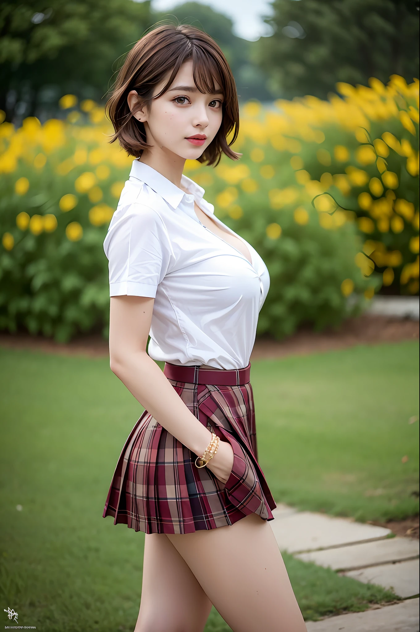 nsfw, 8K raw photo, Best quality, masterpiece, ultra high res, film grain, filmg, 1girl, looking at viewer, natural skin texture, realistic eye and face details, full lips, lipstick, (makeup), red eyeshadow, fluffy short hair, messy hair, smile, close mouth, beautiful legs, tall female, skinny, slim_legs, solo, enormous breast, cleavage, Pose with buttocks facing you, ultra short skirt, ass, shirt, beautiful nature location, around flower location, (detailed background), plaid skirt, white shirt, enormous breast, cleavage, Show a little cleavage through the shirt, loafers, blurry background, blurry, holding, plaid, short sleeves, jk ribbon on the neck, jk ribbon, brown hair, bracelet, water, bangs, school uniform, jewelry, parted lips, lips, from side, pleated skirt, depth of field