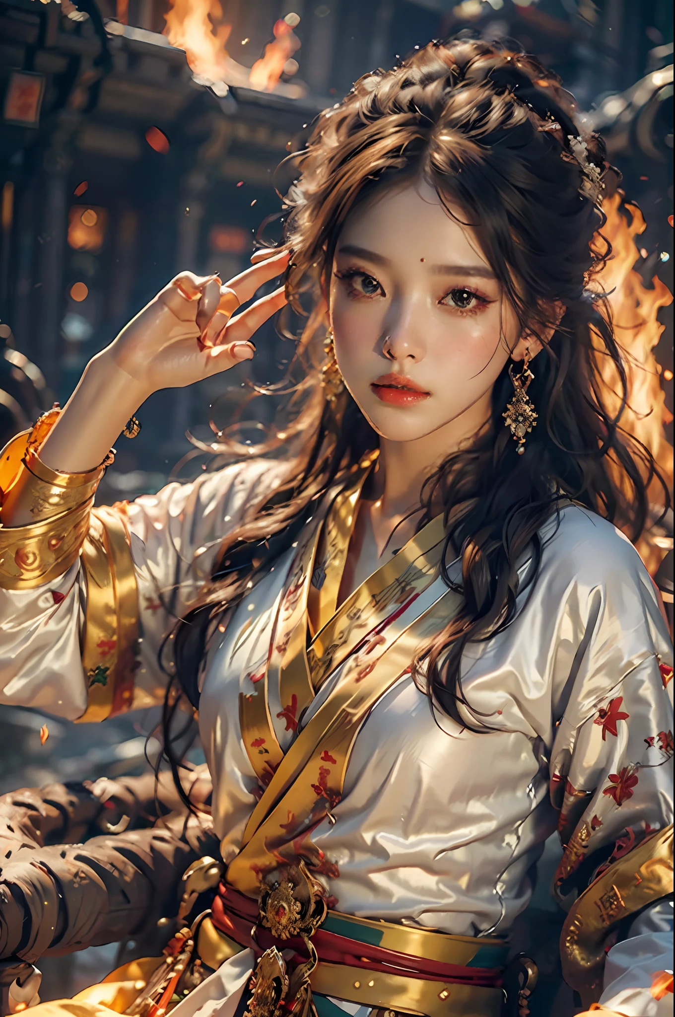 Best quality,masterpiece,ultra high res,(photorealistic:1.4)1girl,beautiful_face,detailed skin,full body,yuhuoshu,jewelry,solo,earrings,(fire:1.3),blurry,realistic,lips,