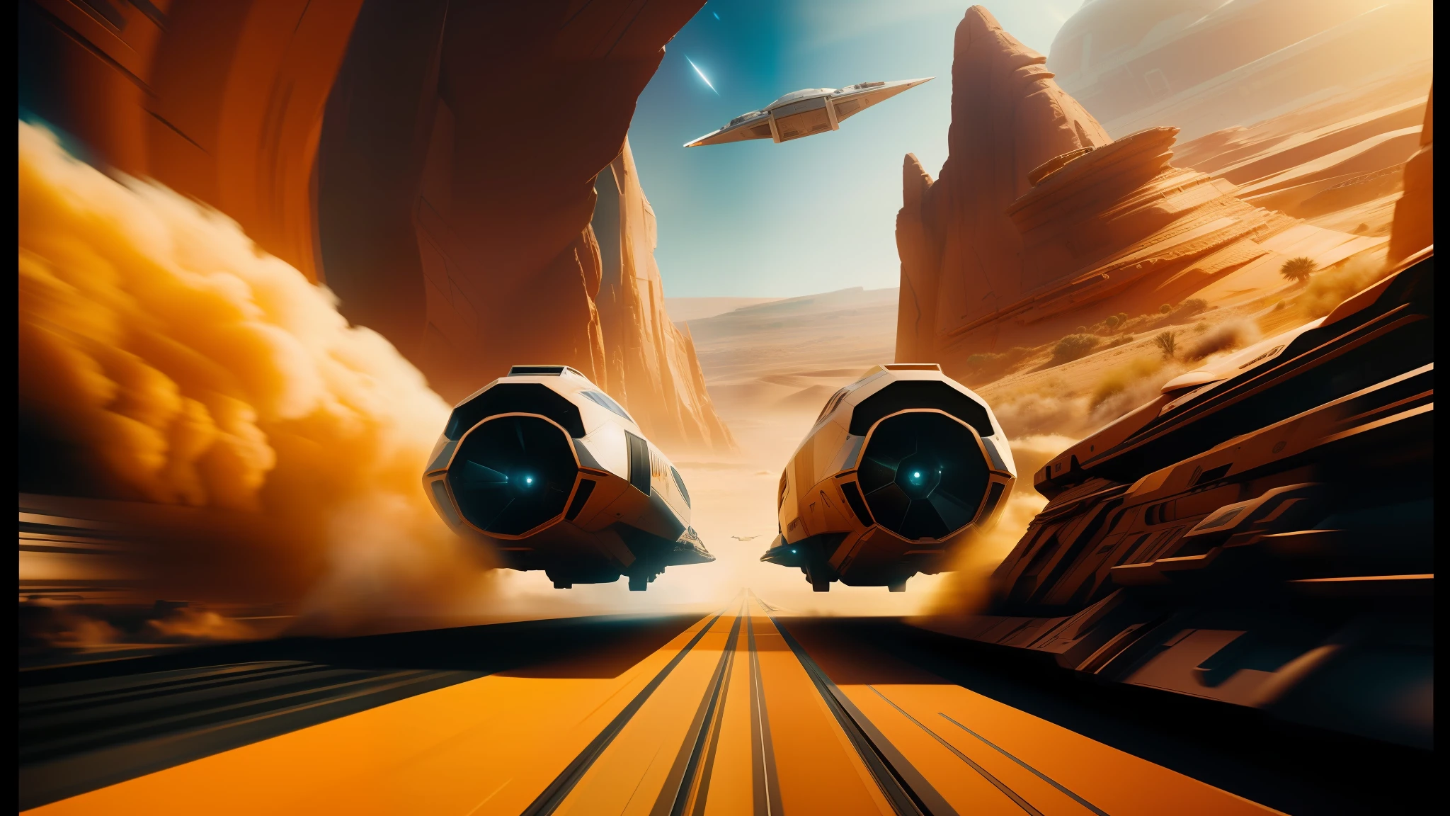 spaceships flying over a desert landscape with a star destroyer in the background, ash thorp, supersonic trains and passengers, imax 2 0 mm anamorphic lens, promo image, car chase scene, outer worlds, speeding through london, kodachrome 8 k, futuristic valley, anime! 4 k, from the mandalorian (2019), trending at cgstation