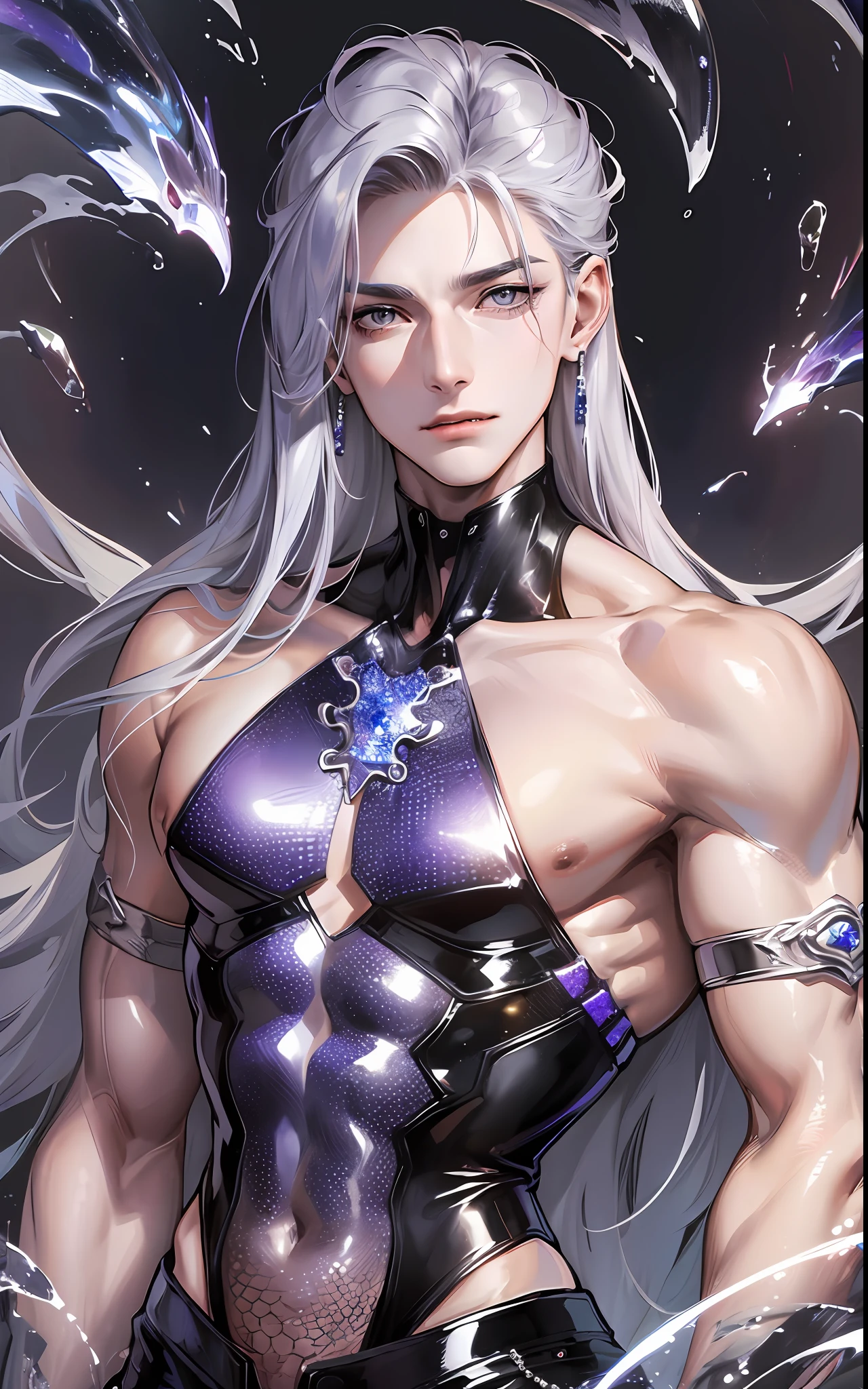 man, masculine, masculine face, attractive, muscular, ((1man)), masterpiece, absurdres, best quality ,intricate details , (shiny skin, shiny body, shiny oily luster skin, shiny hair, pale skintone), Sundown, attractive, ((muscular)), adult, one, open chest, no blouse, earrings, black pants, Don't look at the view , Not looking at the view, purple blue long hair, perfect detailed face, perfect detailed hands, vampire, silver gray eyes, ((MLS)), medium large shoot