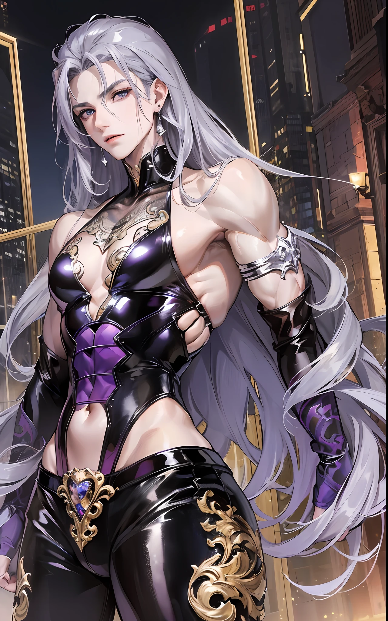 man, masculine, masculine face, attractive, muscular, ((1man)), masterpiece, absurdres, best quality ,intricate details , (shiny skin, shiny body, shiny oily luster skin, shiny hair, pale skintone), Sundown, attractive, ((muscular)), adult, one, open chest, no blouse, earrings, black pants, Don't look at the view , Not looking at the view, purple blue long hair, perfect detailed face, perfect detailed hands, vampire, silver gray eyes, ((MLS)), medium large shoot