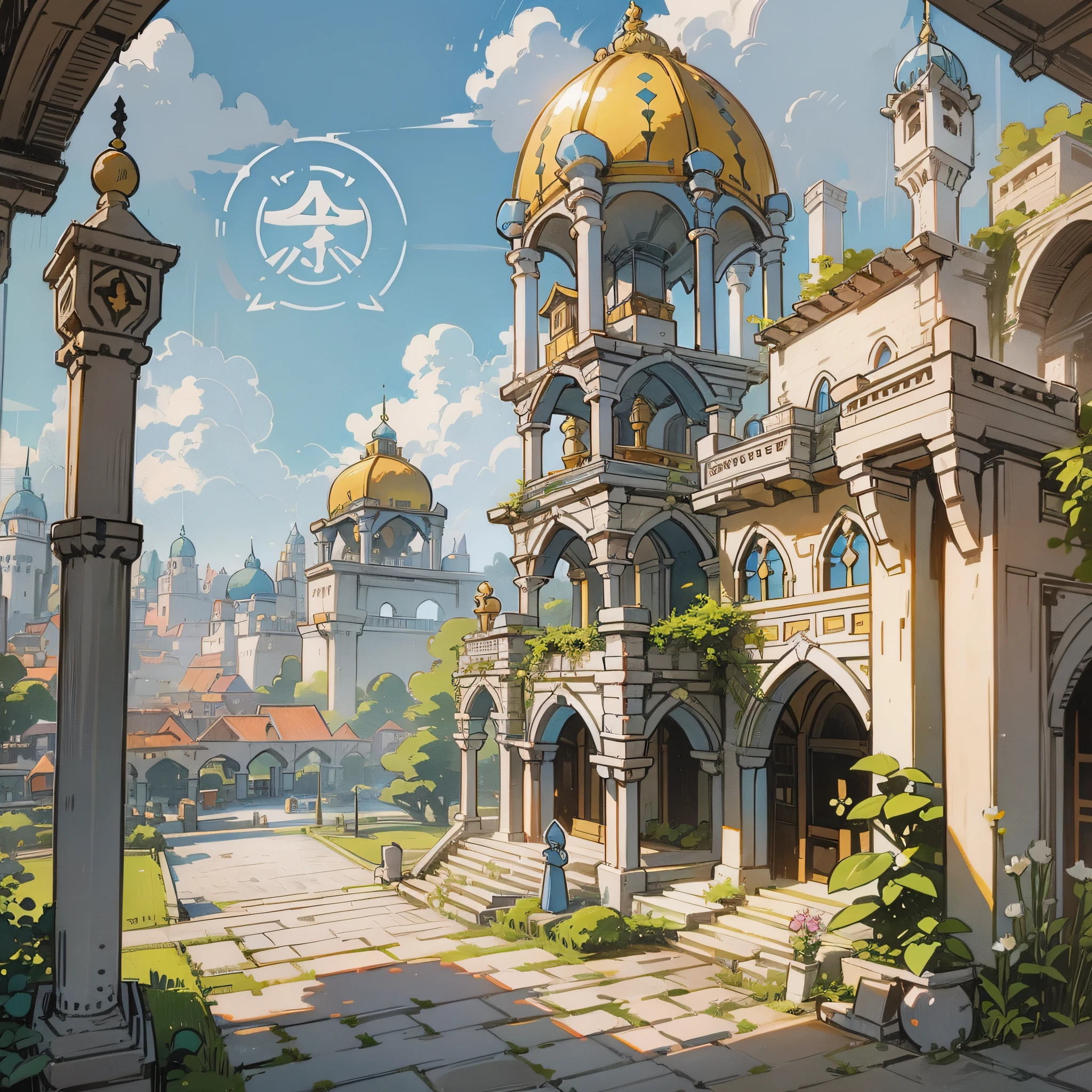 royal city, terraces, clouds, wide angle, pioneering, ancient royal city, bazaar, ray tracing, comics, 3d rendering, cartoon, cute style, sunny, outdoor, detailed, 4K, HD, high quality