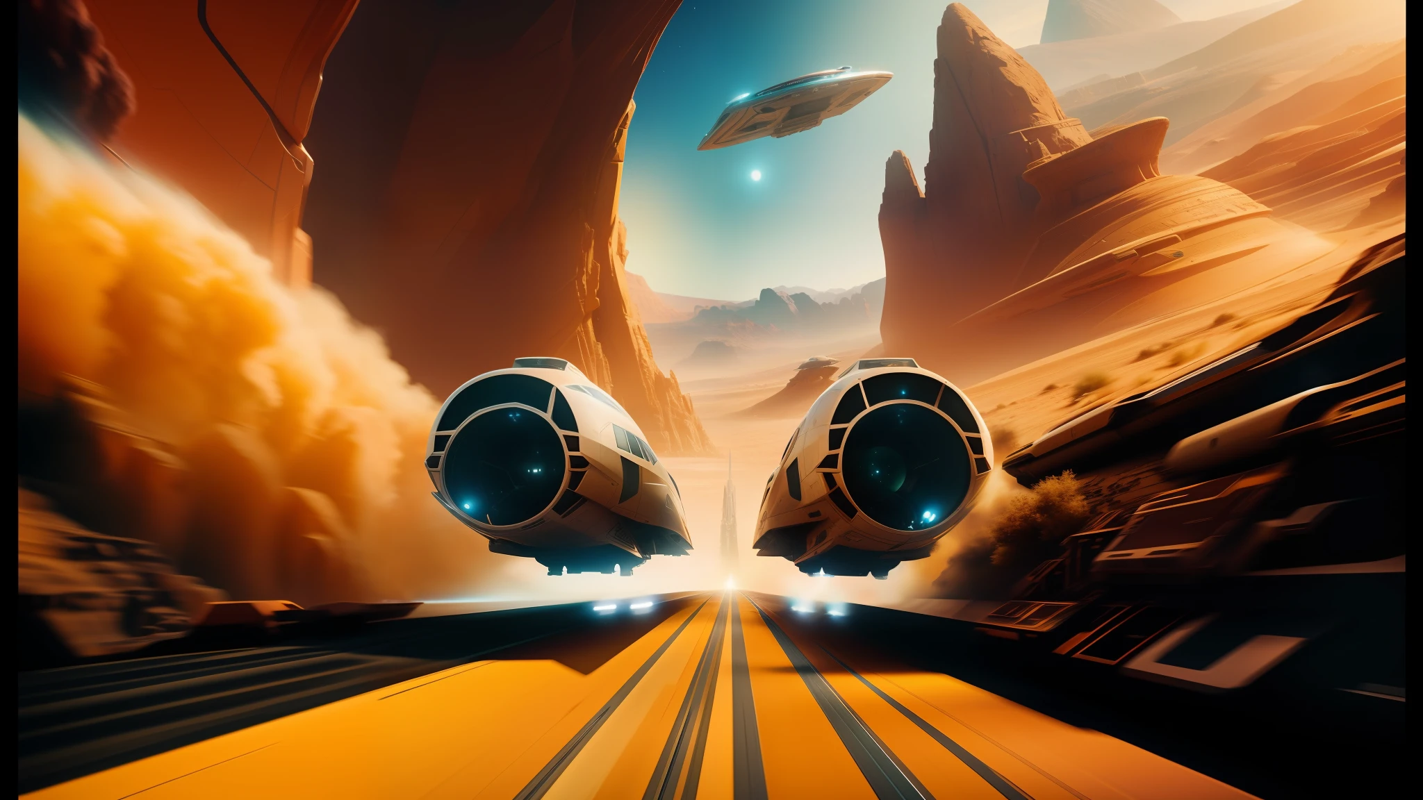 spaceships flying over a desert landscape with a star destroyer in the background, ash thorp, supersonic trains and passengers, imax 2 0 mm anamorphic lens, promo image, car chase scene, outer worlds, speeding through london, kodachrome 8 k, futuristic valley, anime! 4 k, from the mandalorian (2019), trending at cgstation