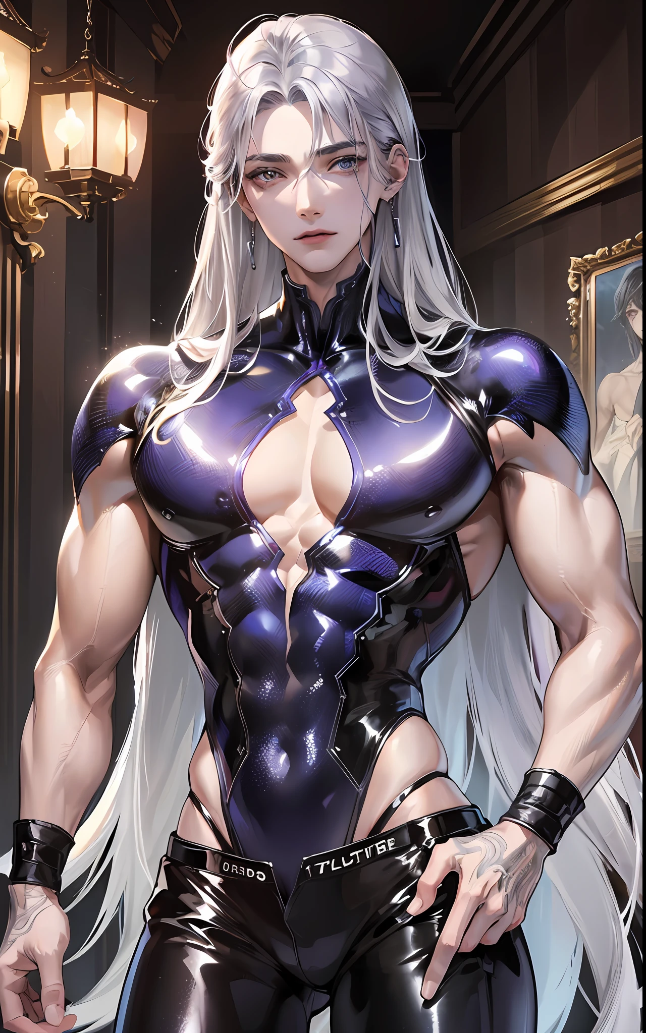 man, masculine, masculine face, attractive, muscular, ((1man)), masterpiece, absurdres, best quality ,intricate details , (shiny skin, shiny body, shiny oily luster skin, shiny hair, pale skintone), Sundown, attractive, ((muscular)), adult, one, open chest, no blouse, earrings, black pants, Don't look at the view , Not looking at the view, purple blue long hair, perfect detailed face, perfect detailed hands, vampire, silver gray eyes, ((MLS)), medium large shoot