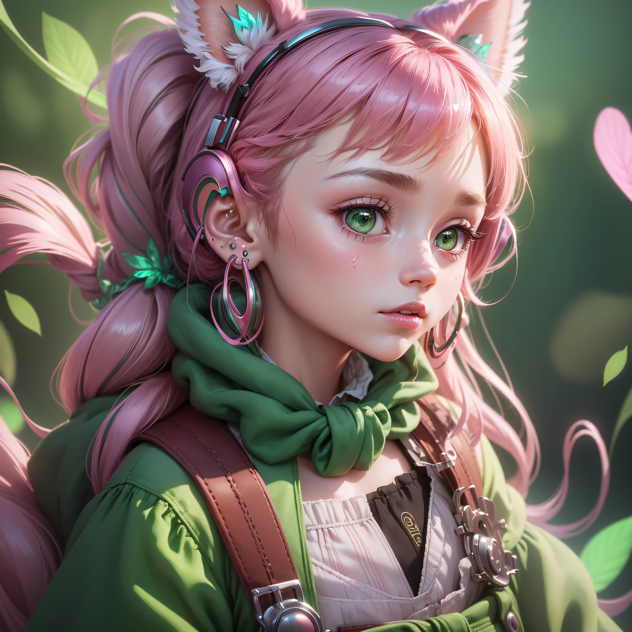 (Extremely detailed CG Unity 8k wallpaper, masterpiece, best quality, super detailed), (best lighting, best shadow, extremely delicate and beautiful), floating, [(Headbands, earrings, (green: 1.5|red: 1.2) braided pig's tail hair with kitten headphones, (pink: 1.3) overalls) :: 0.8] --auto --s2