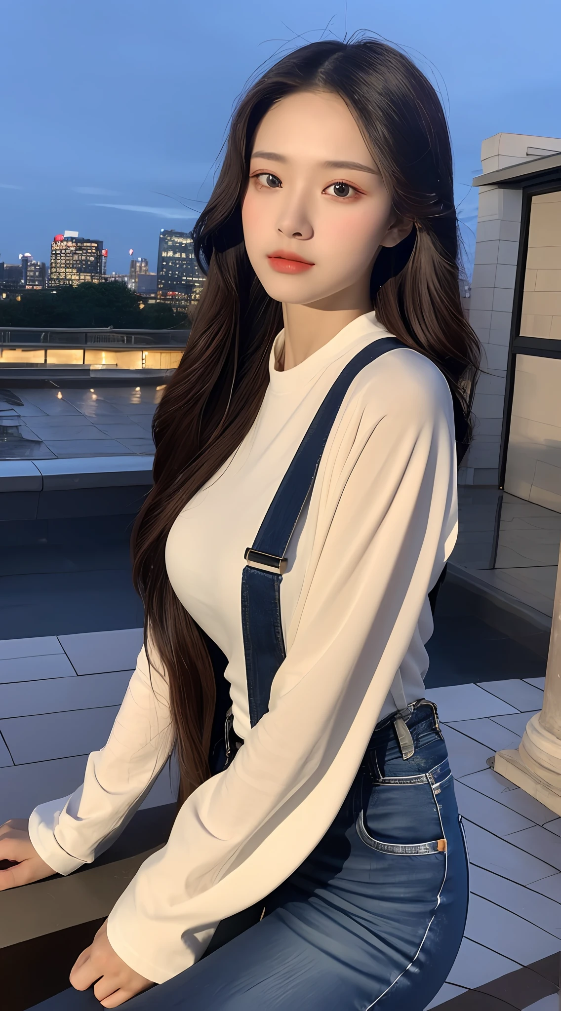 ((Midnight, Acura, 8K, Masterpiece: 1.3)), Full body, Long legs, Focal length: 1.2, Perfect Body Beauty: 1.4, Slim Abs: 1.1, ((Dark Brown Hair, Big Breasts: 1.2 )), (White Skinny T-shirt, Denim Suspenders, Standing: 1.2), ((City Night View, Roof: 1.3)), (Front Gaze Lens) Highly detailed facial and skin texture, Detailed eyes, Double eyelids