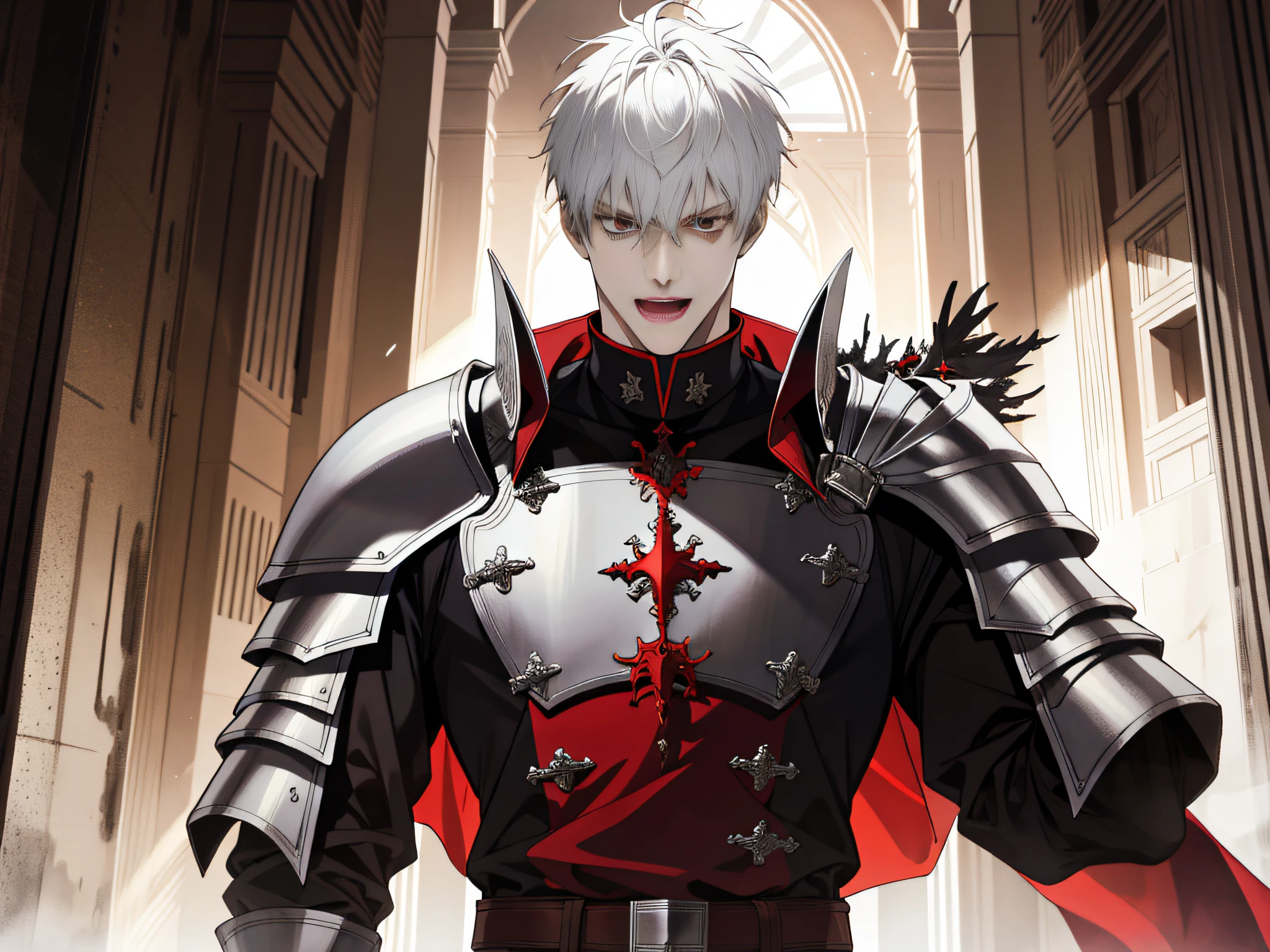 (ridiculous, high resolution, super detailed), 1 male, adult, tall, in armor, red eyes, evil charm, short white back hair, in the palace, (surprised), open mouth, look ahead,