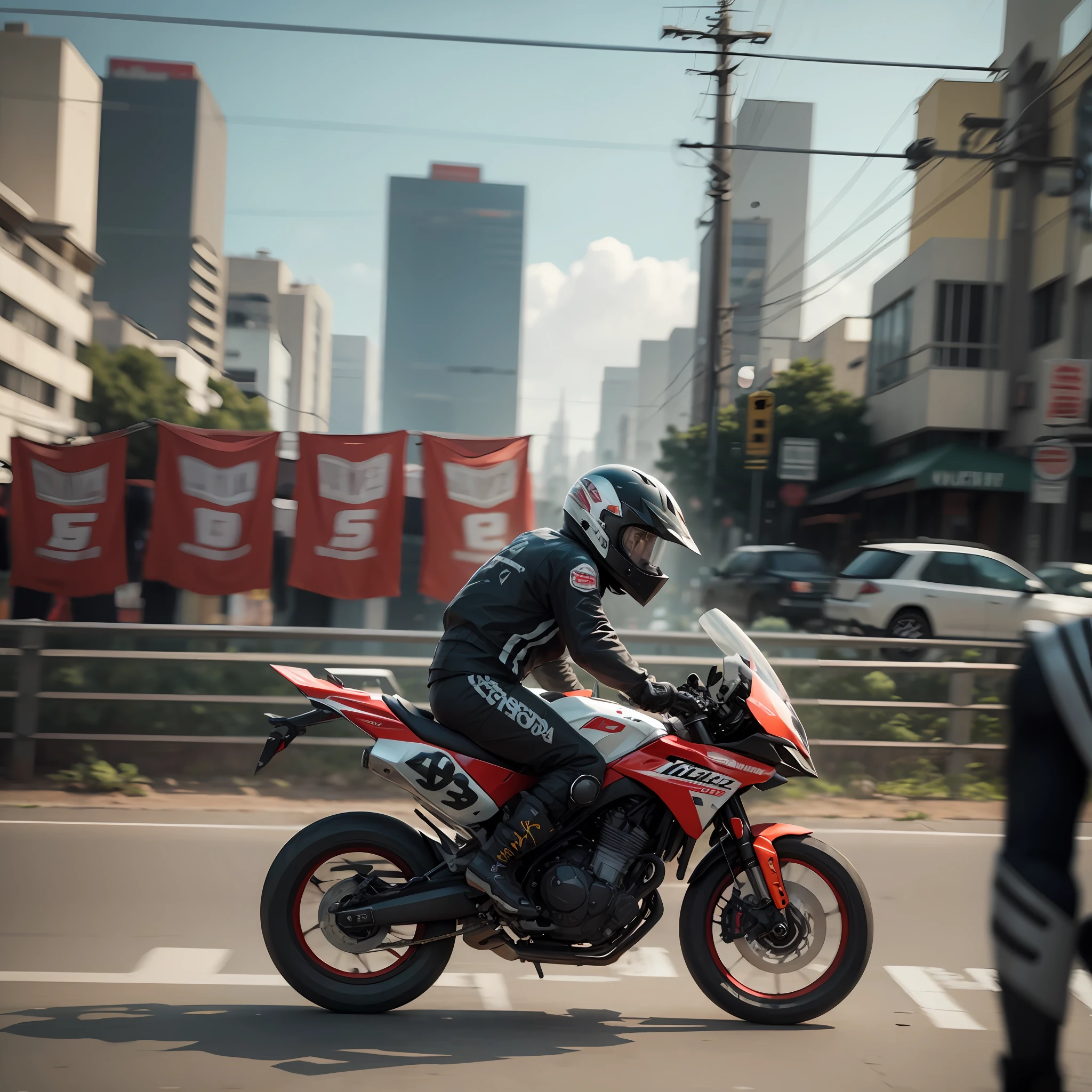 motoboy entregador em alta velocidade visto de lado, 16k, realistc, 135mm, cinematic background --auto --s2